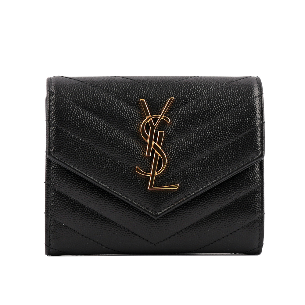 【YSL/ Saint Laurent Paris】山形紋荔枝皮金字logo三折短夾