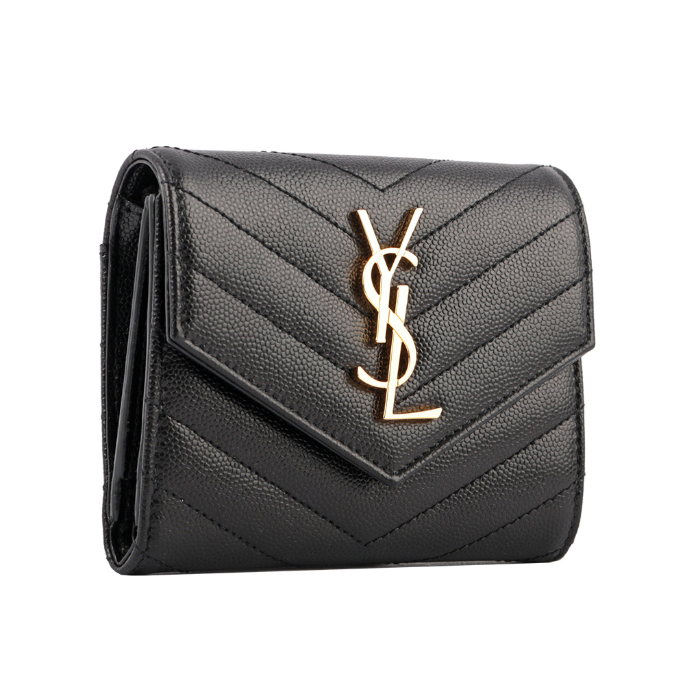 【YSL/ Saint Laurent Paris】山形紋荔枝皮金字logo三折短夾
