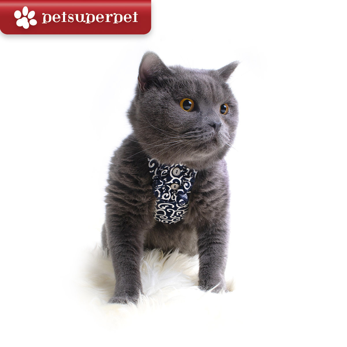 BLUE PORT 貓咪唐草胸背牽引繩 - 深藍色 [2尺寸]