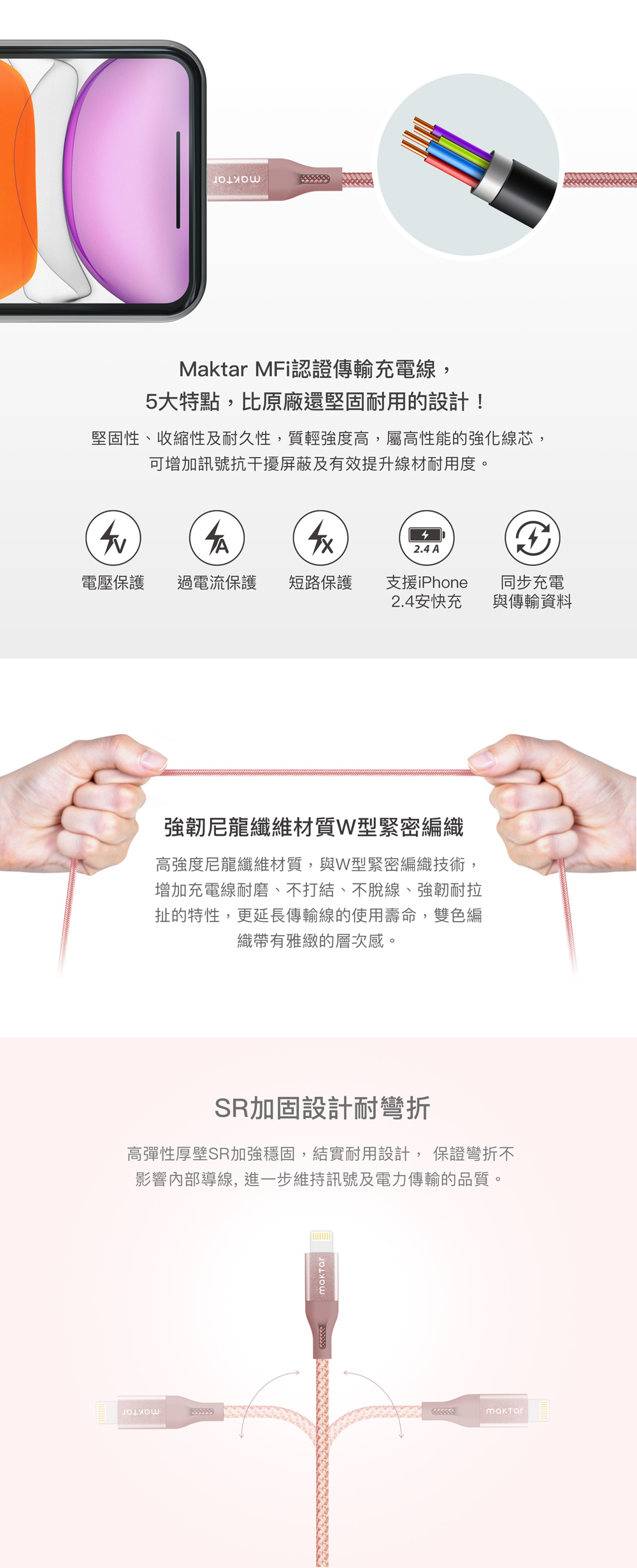 Maktar MFi認證傳輸充電線,5大特點,比原廠還堅固耐用的設計!堅固性、收縮性及耐久性,質輕強度高,屬高性能的強化線芯,可增加訊號抗干擾屏蔽及有效提升線材耐用度。2.4 A電壓保護過電流保護短路保護支援iPhone2.4安快充同步充電與傳輸資料強韌尼龍纖維材質型緊密編織高強度尼龍纖維材質,與W型緊密編織技術,增加充電線耐磨、不打結、不脫線、強韌耐拉扯的特性,更延長傳輸線的使用壽命,雙色編織帶有雅緻的層次感。SR加固設計耐彎折高彈性厚壁SR加強穩固,結實耐用設計, 保證彎折不影響內部導線,進一步維持訊號及電力傳輸的品質。
