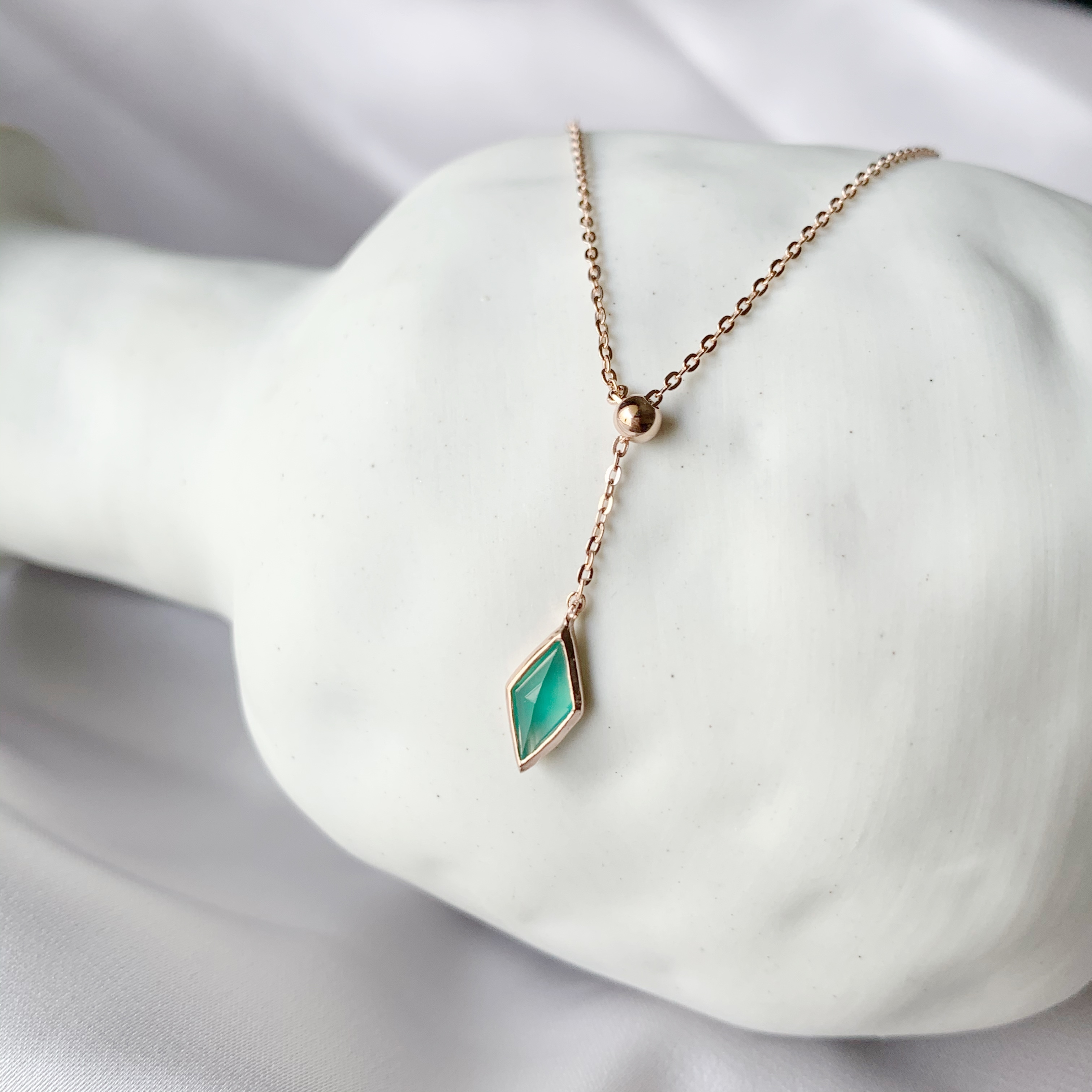 長菱形綠瑪瑙可調式小Y字項鍊