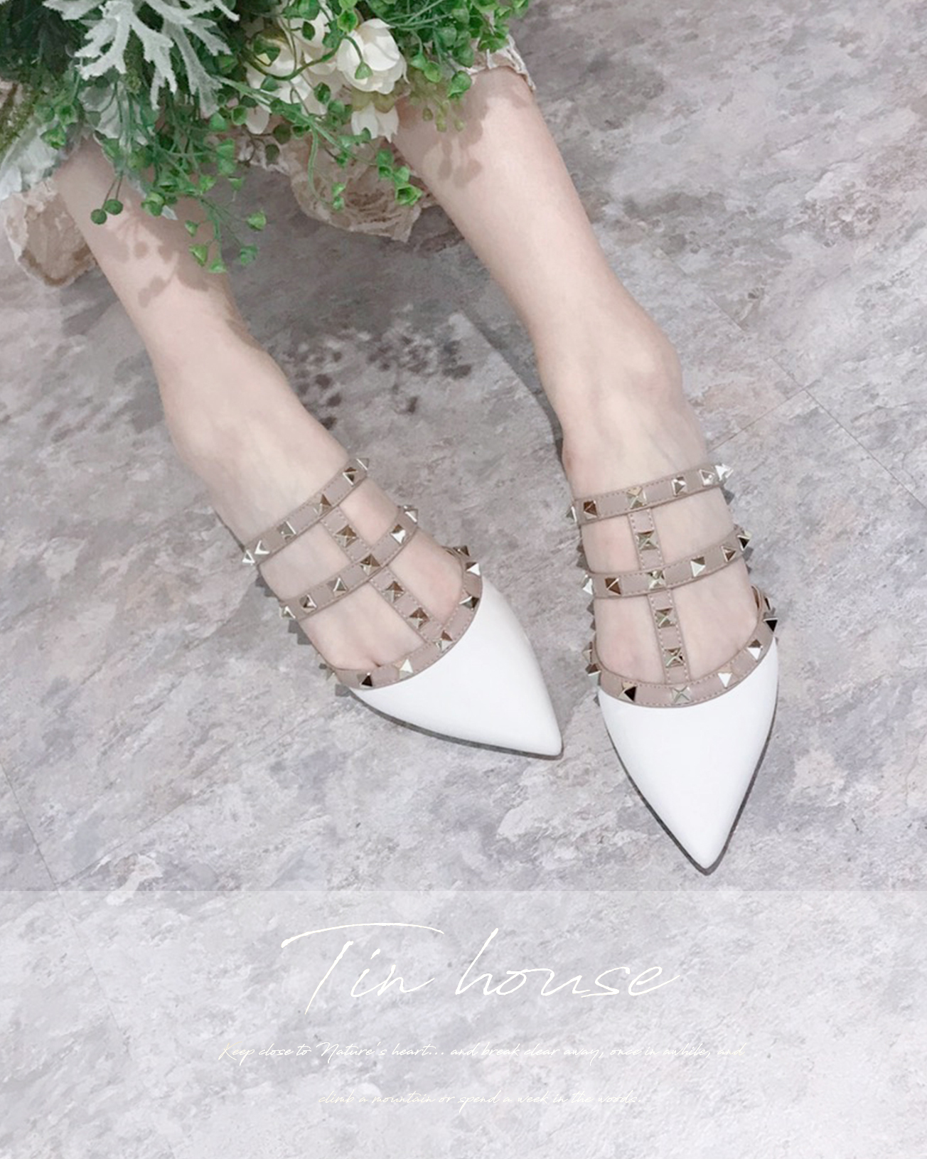 訂製-真皮卯釘尖頭平底鞋