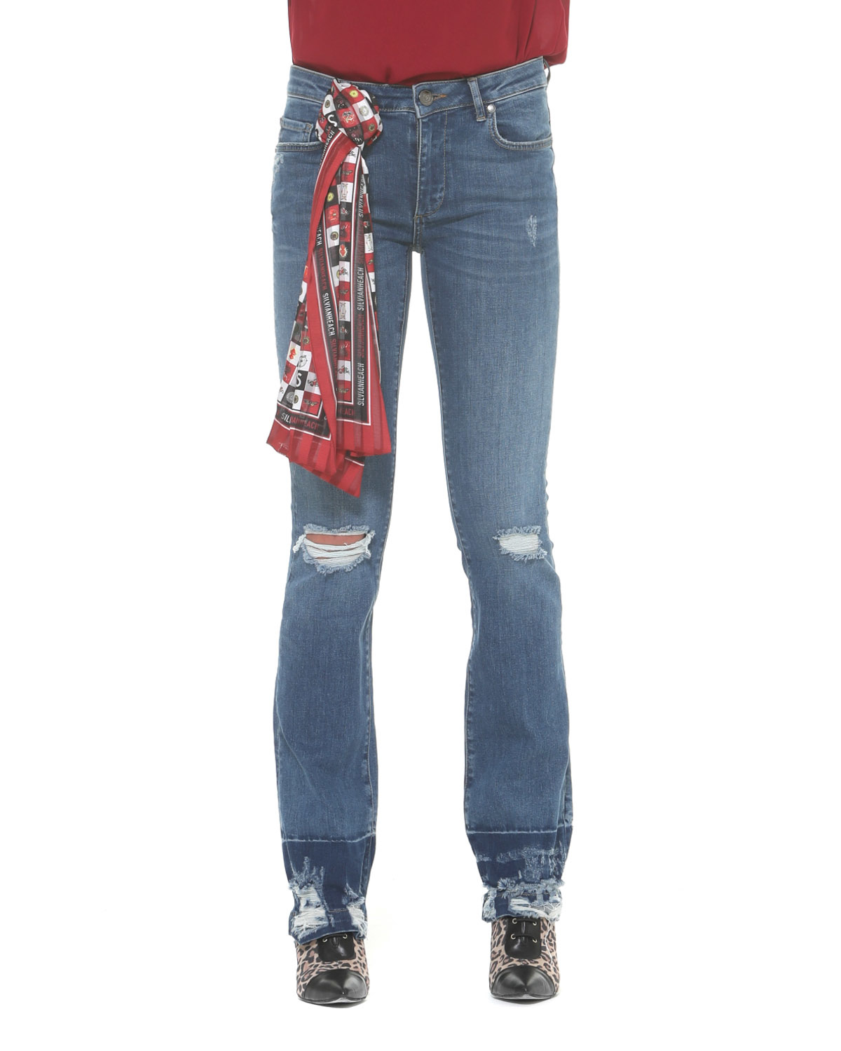 【SILVIAN HEACH】中腰腰間綁絲巾刷破牛仔褲