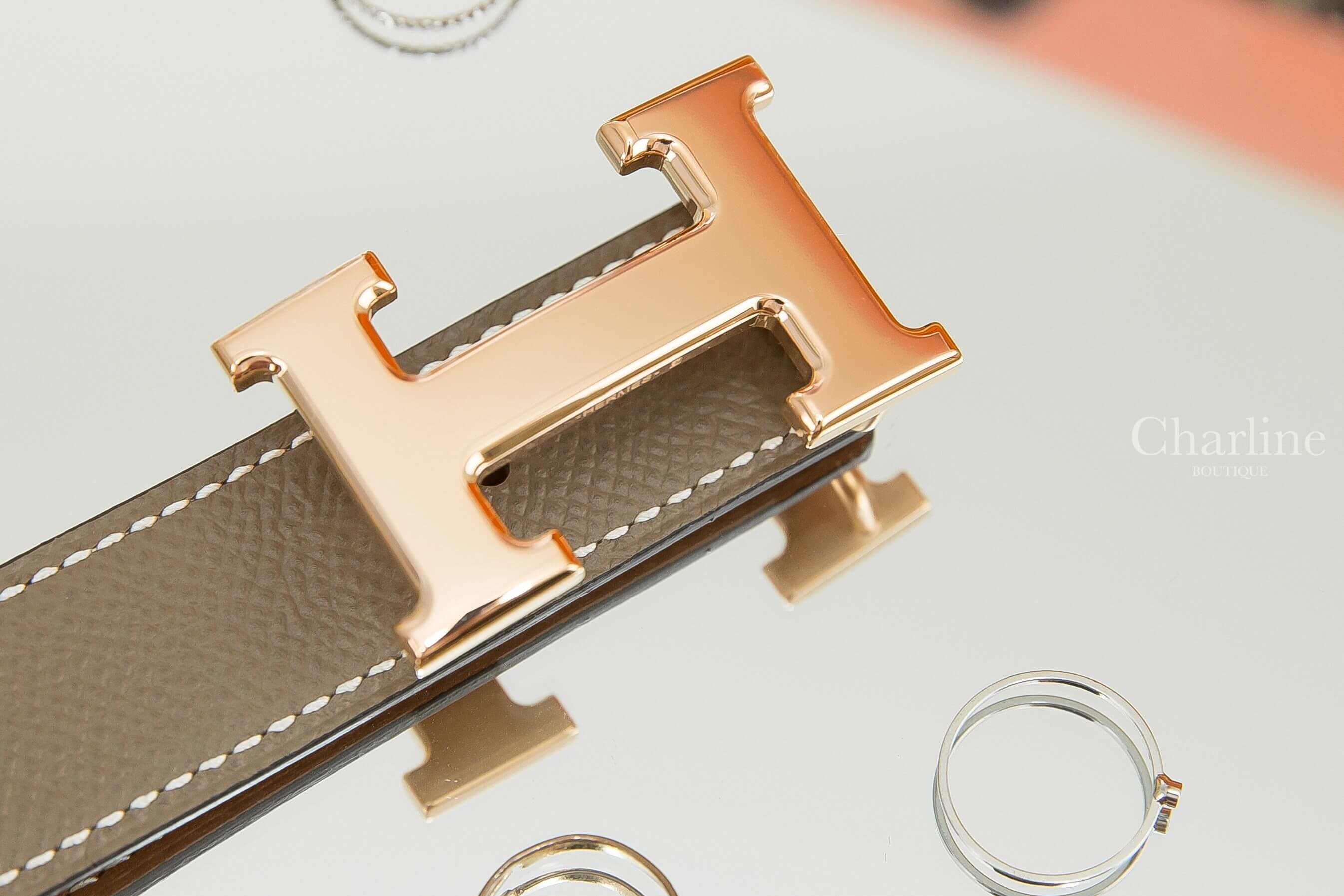 Hermès Mini Constance Belt Buckle & Reversible Leather Strap 24 Mm 焦糖色/大象灰玫瑰金釦雙面皮帶