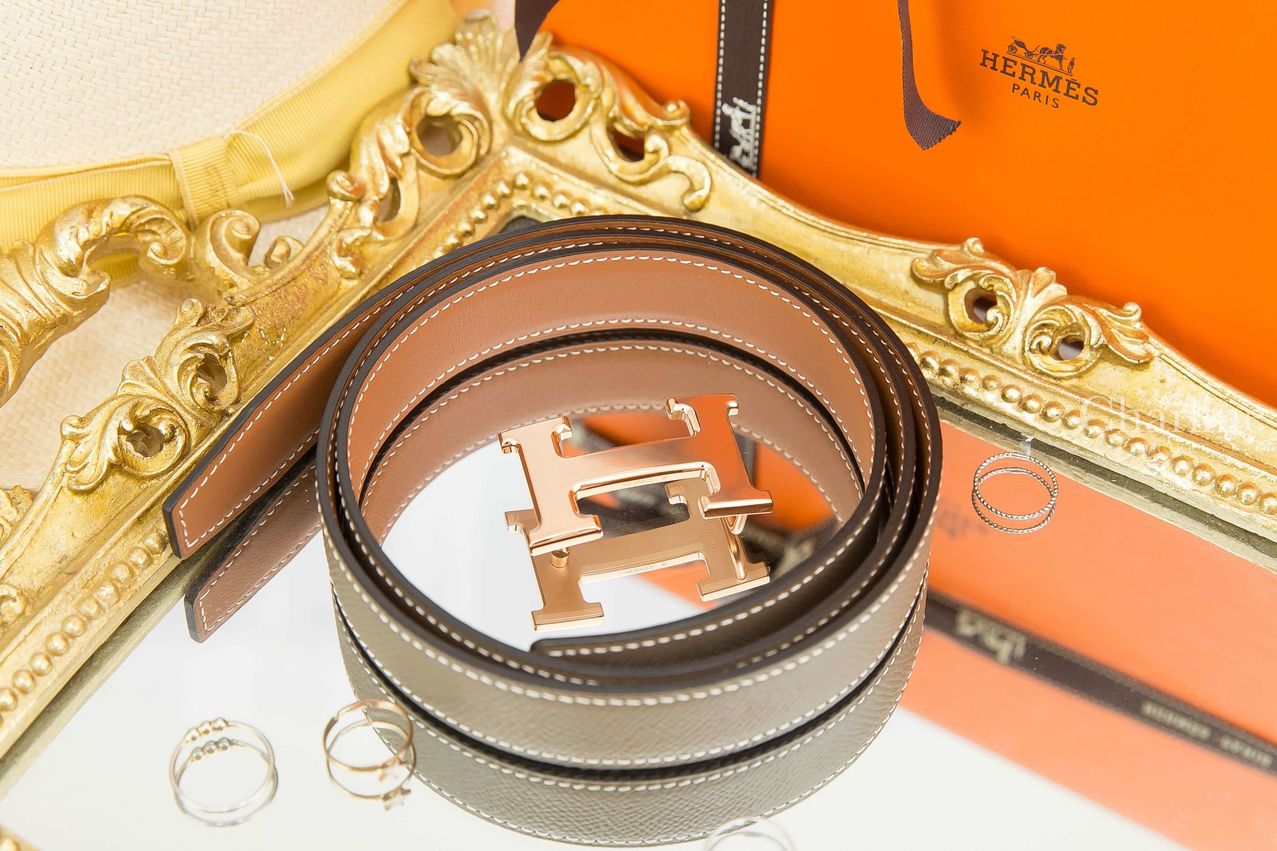 Hermès Mini Constance Belt Buckle & Reversible Leather Strap 24 Mm 焦糖色/大象灰玫瑰金釦雙面皮帶
