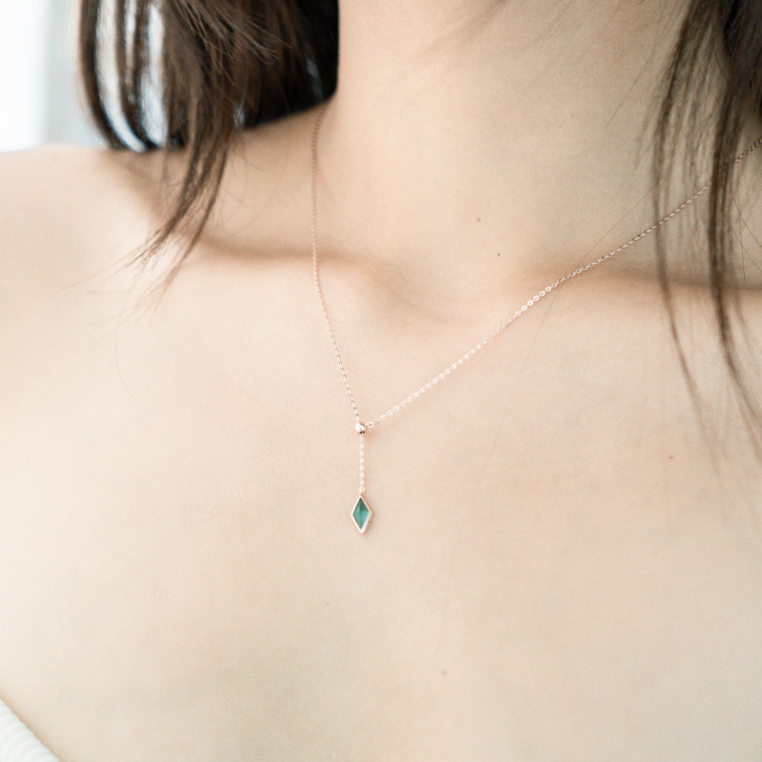 長菱形綠瑪瑙可調式小Y字項鍊