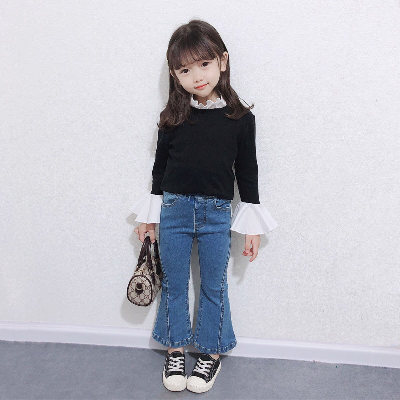 現貨 90cm 拼接彈力牛仔喇叭褲 90-140cm #20066