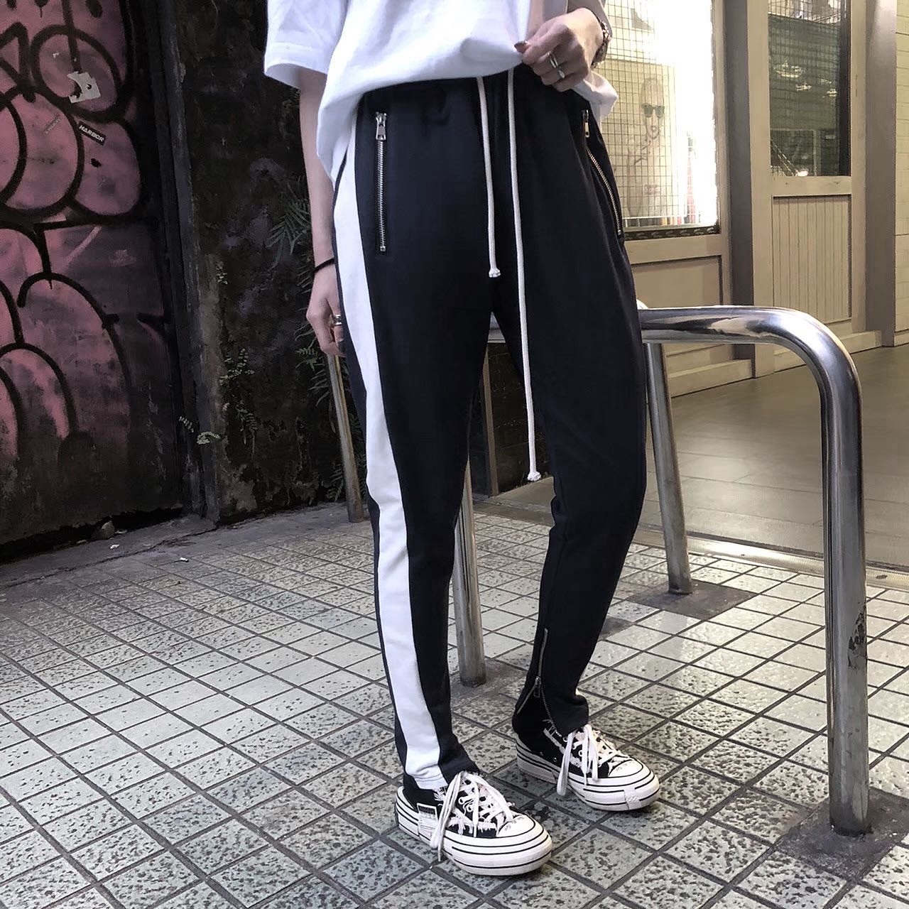 白線抽繩拉鍊 運動褲 Fog風格 褲腳拉鍊