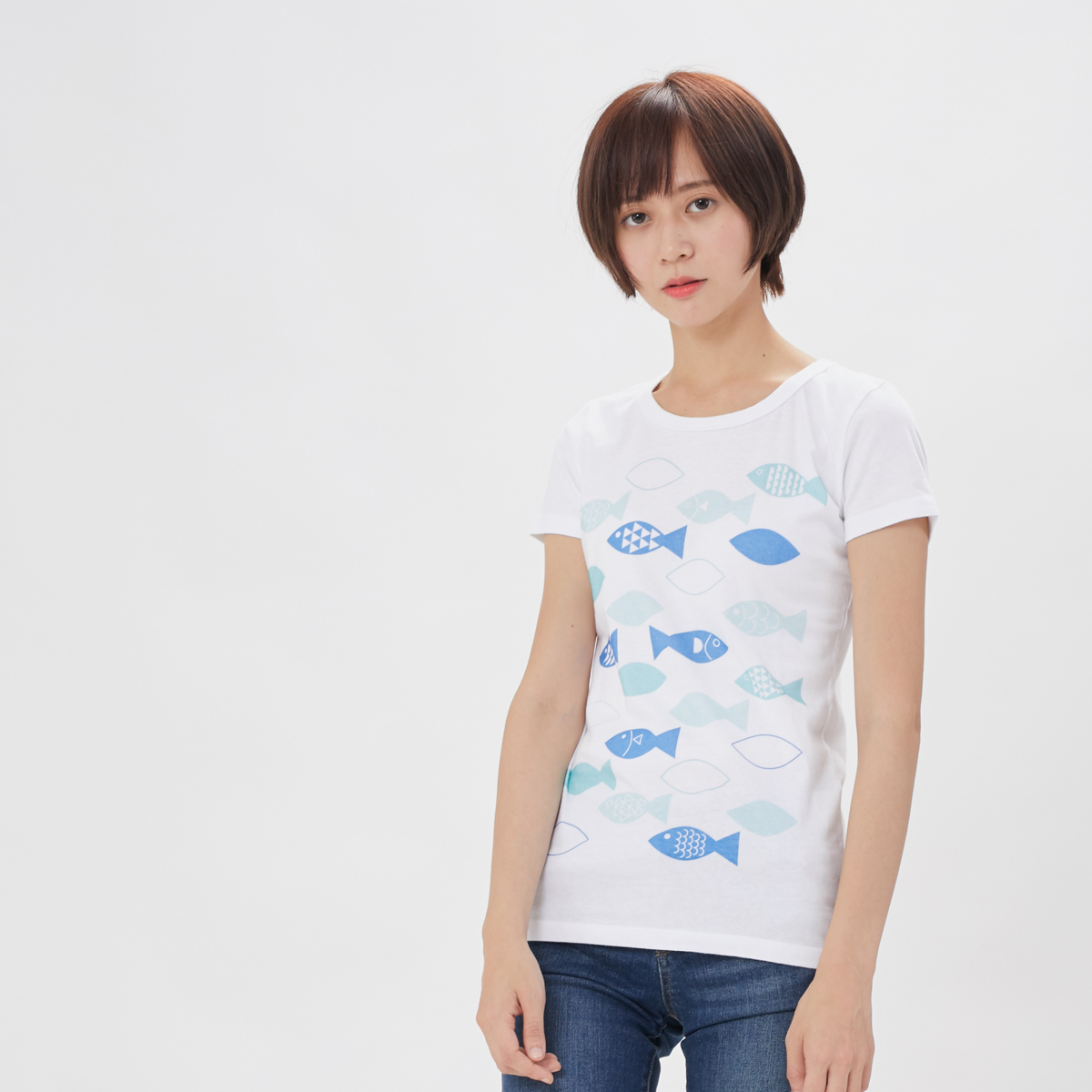 幾何海洋 短袖 蜜桃棉 女T 純白