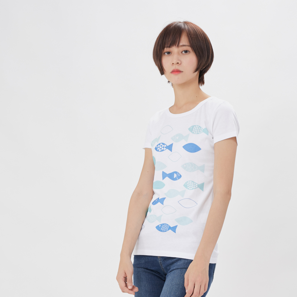 幾何海洋 短袖 蜜桃棉 女T 純白