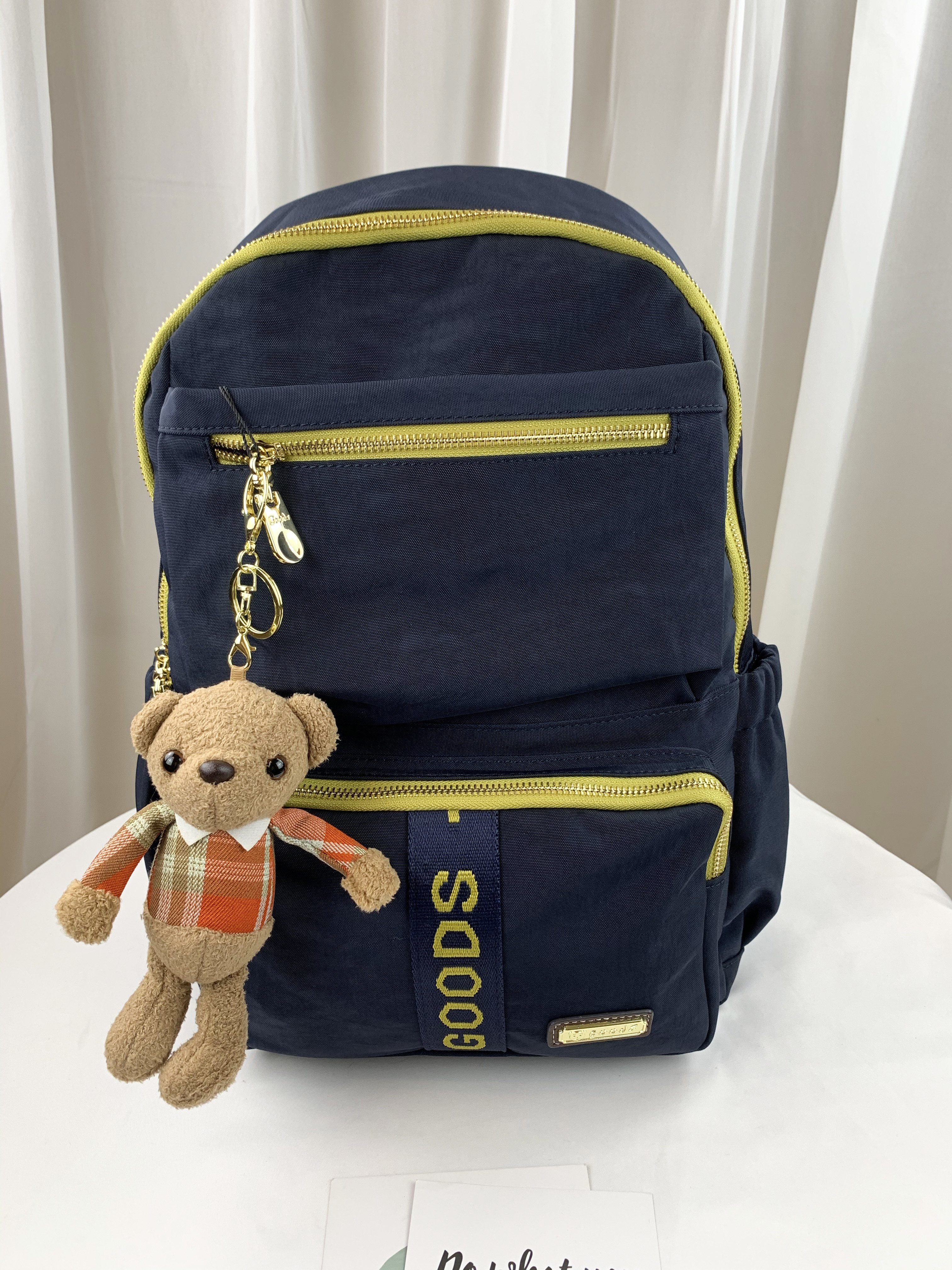 GOODS 織帶藍 拼接黃藍運動風後背包 附小熊吊飾 #2627