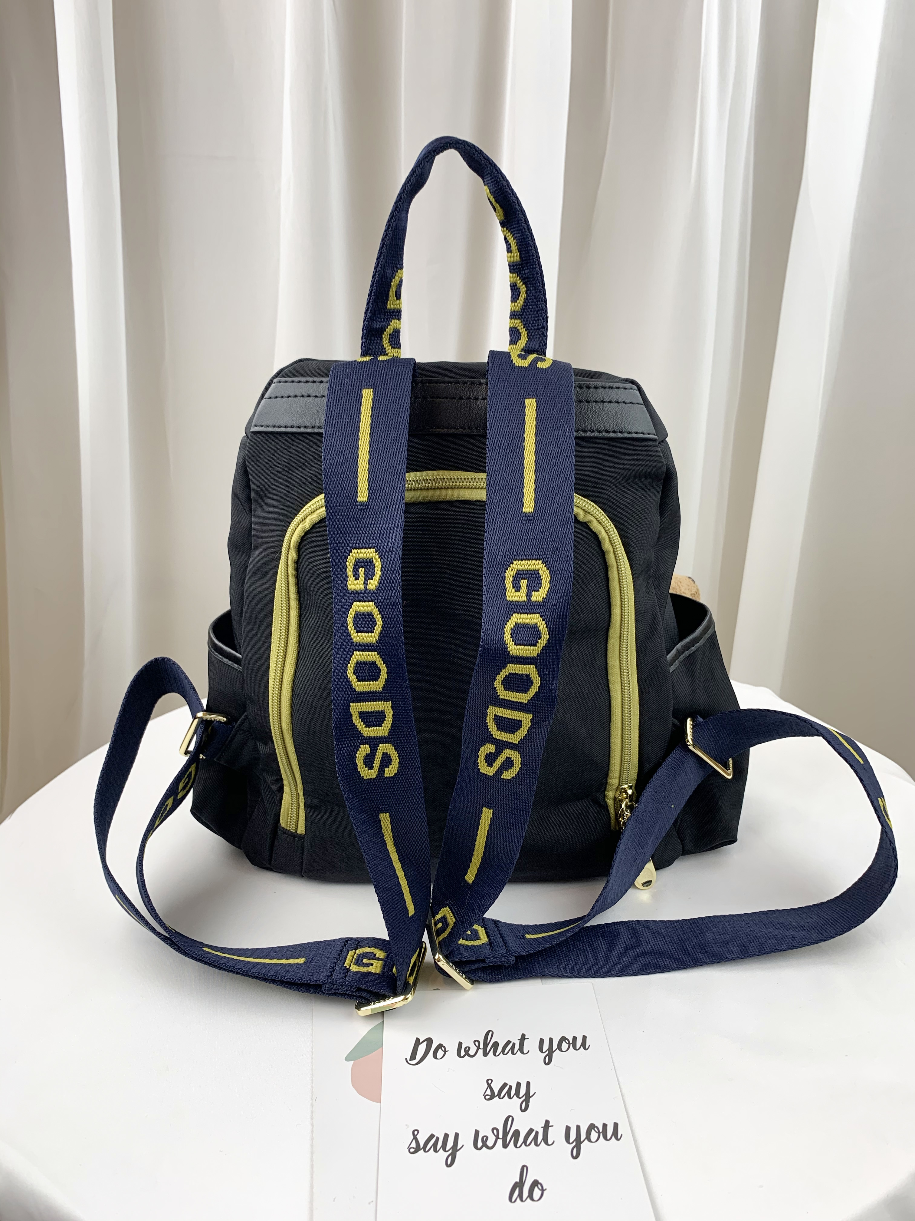 GOODS 織帶黑 拼接黃藍防盜後背包 附小熊吊飾 #2708
