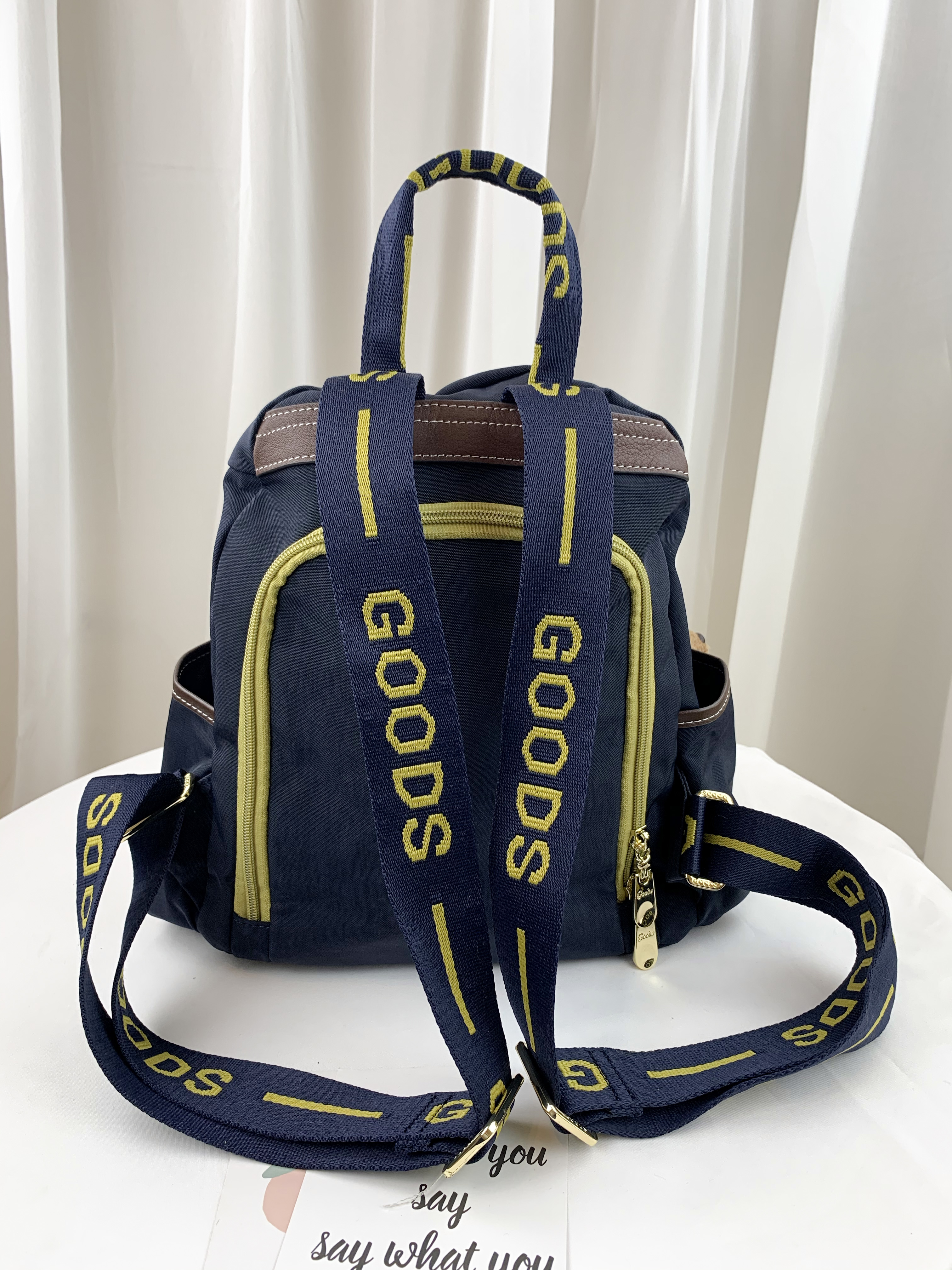 GOODS 織帶藍 拼接黃藍防盜後背包 附小熊吊飾 #2708