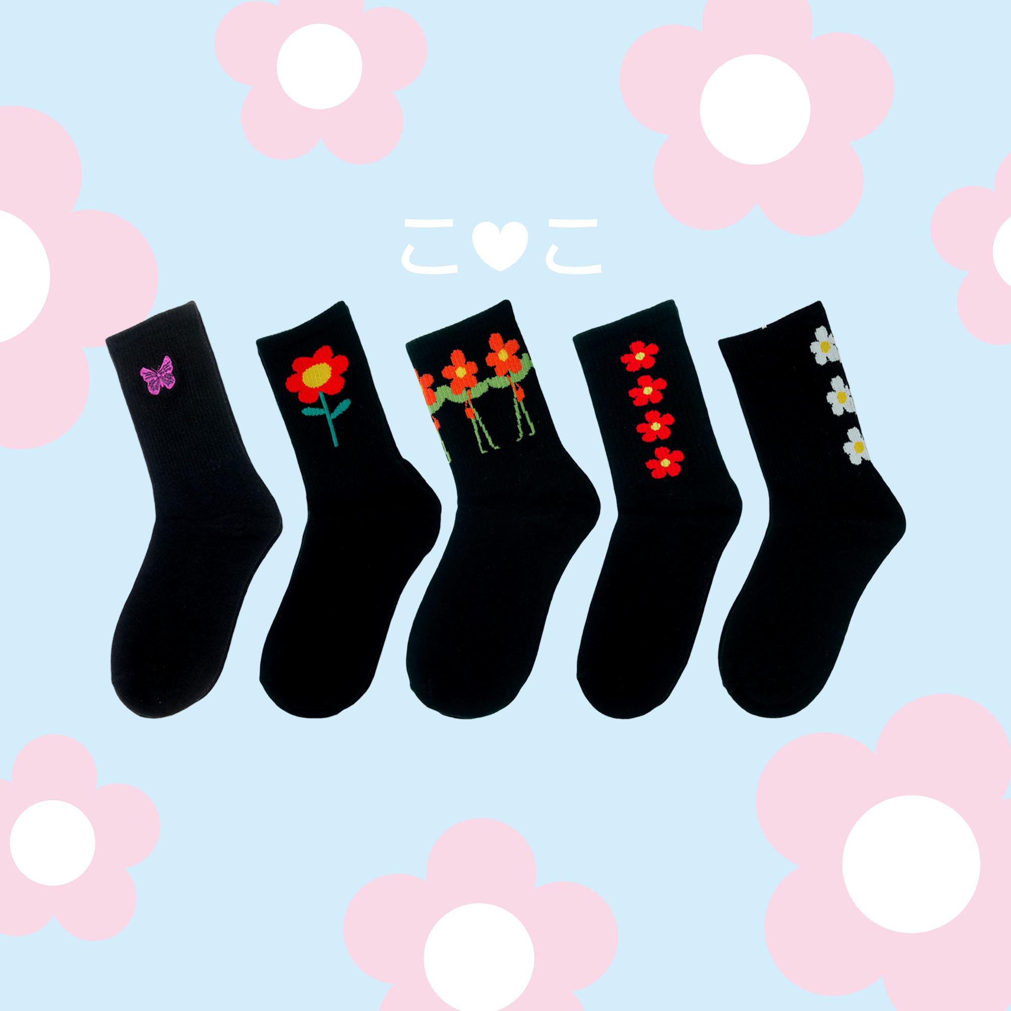 花朵蝴蝶造型黑色襪子