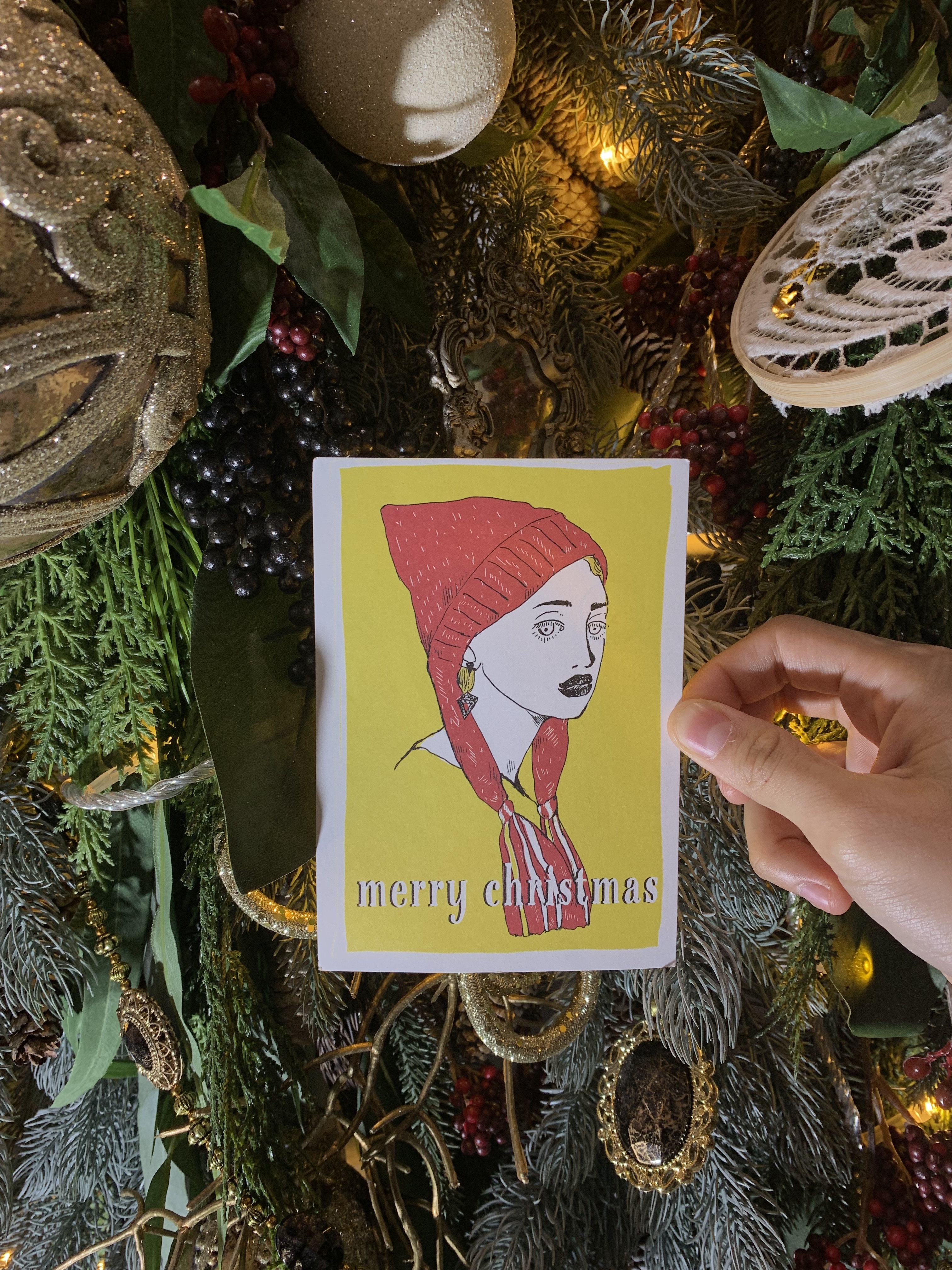 聖誕節明信片 紅色毛帽