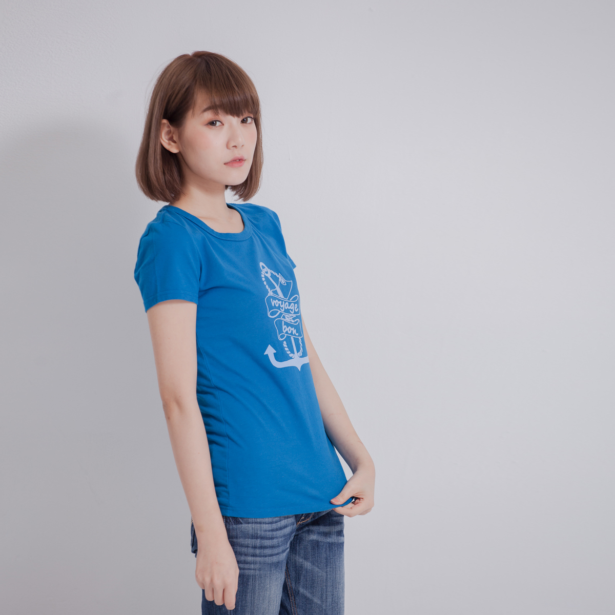 旅途愉快 短袖 蜜桃棉 女T 海藍