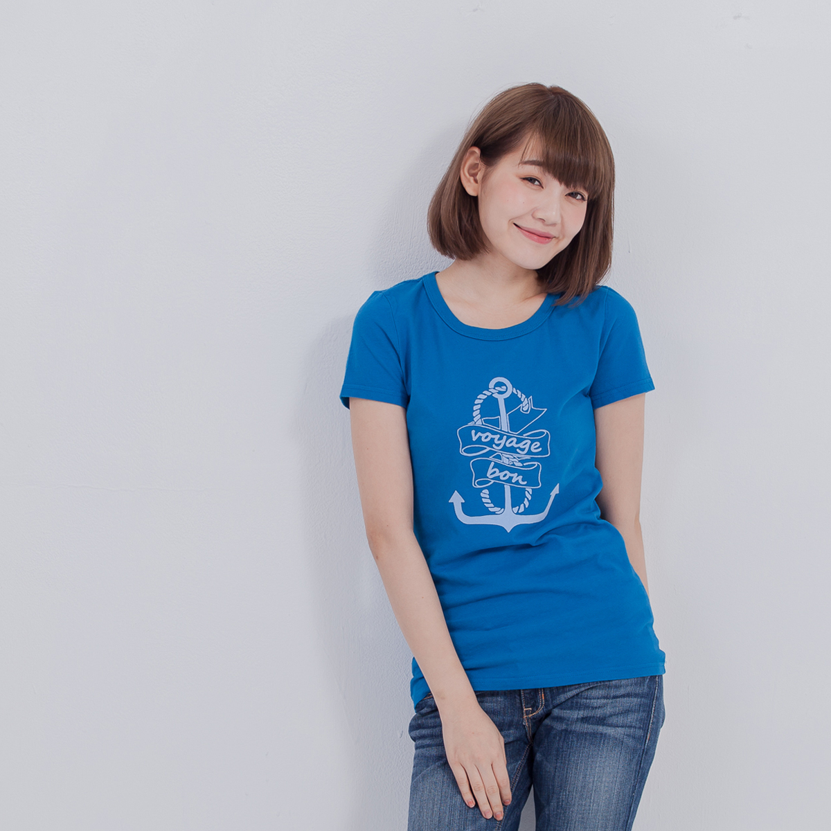 旅途愉快 短袖 蜜桃棉 女T 海藍