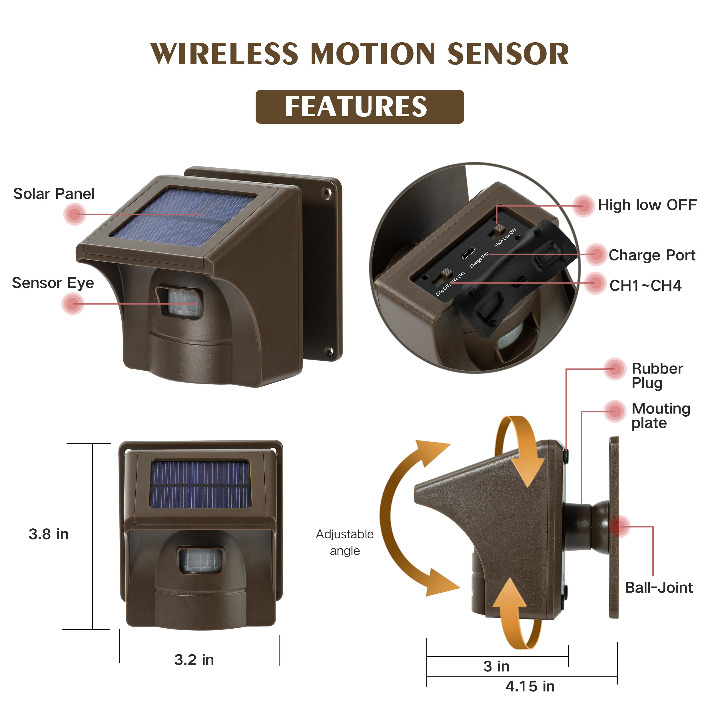Outdoor Unit-Brown Wireless Driveway Alarm 1/3 Mile Long Range Motion Sensor Alert System Driveway Detector for Home with 2000mAh Rechargeable Battry