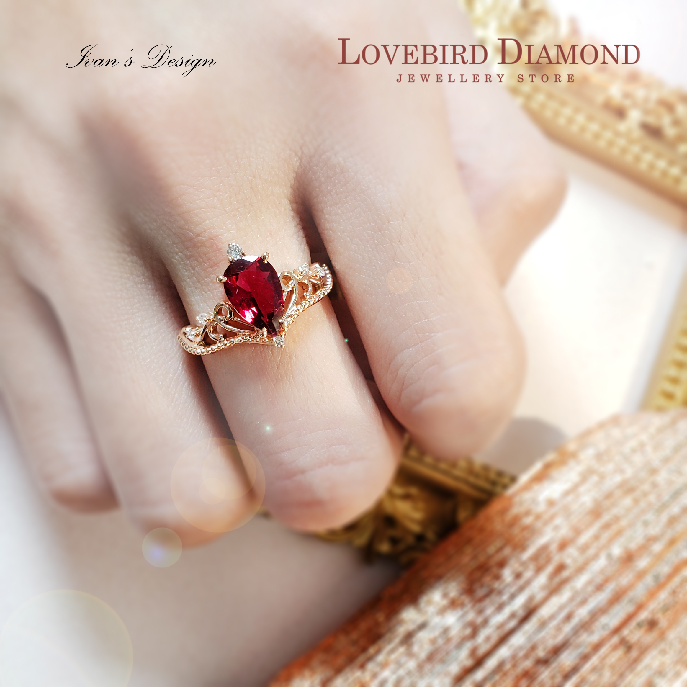 18K 玫瑰金天然鑽石/ 梨形粉紅碧璽戒指