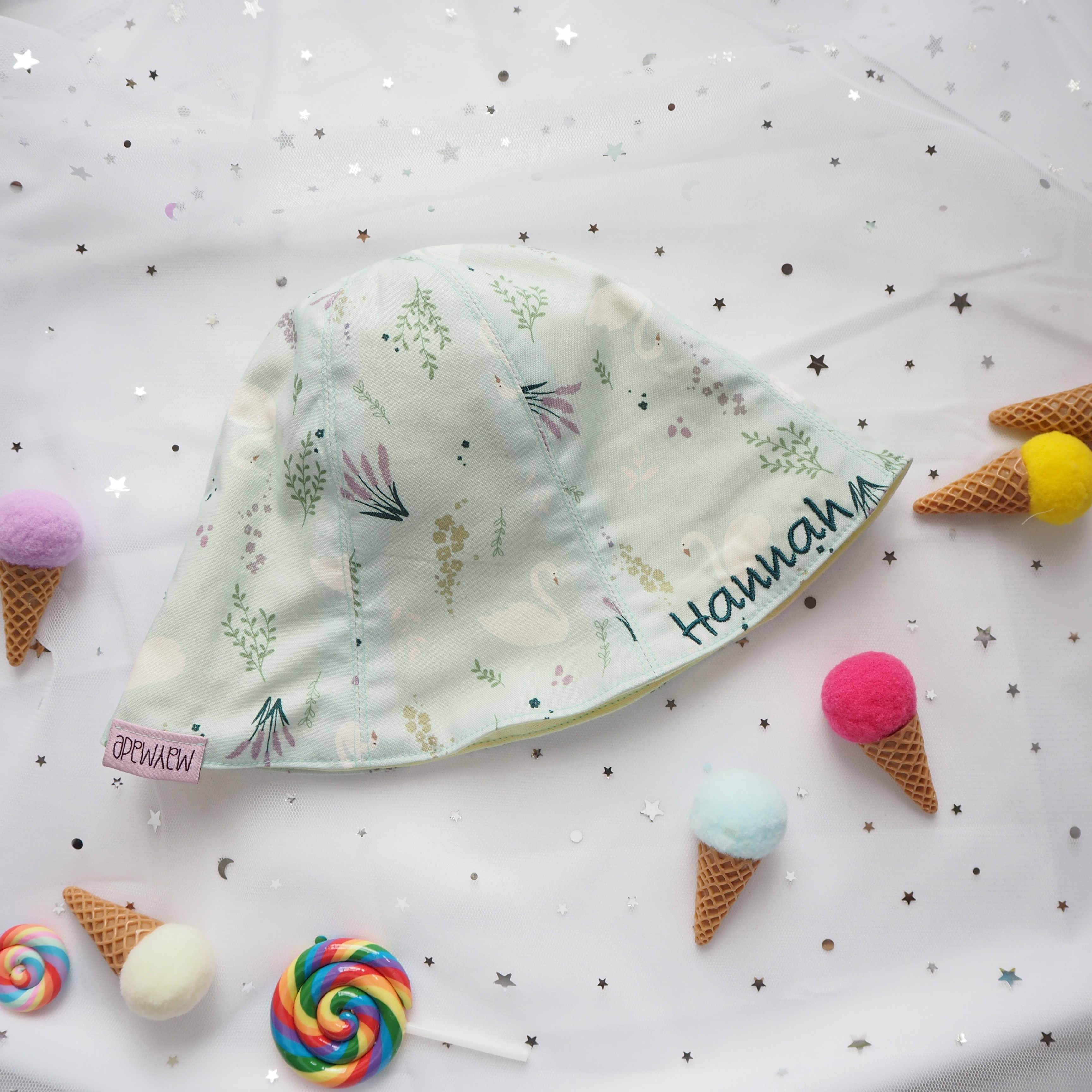 綠色天鵝圖案 純棉布嬰兒帽