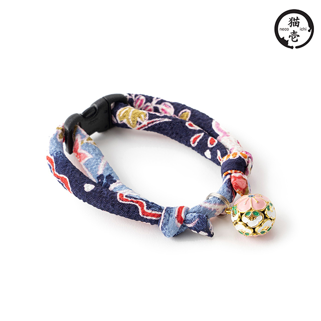 貓壹 手工和風安全項圈 縐綢梅花鈴-藍