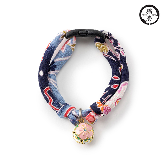 貓壹 手工和風安全項圈 縐綢梅花鈴-藍
