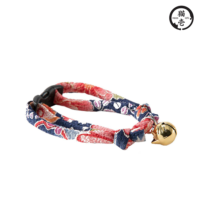 貓壹 手工和風安全項圈 縐綢金貓鈴-藍