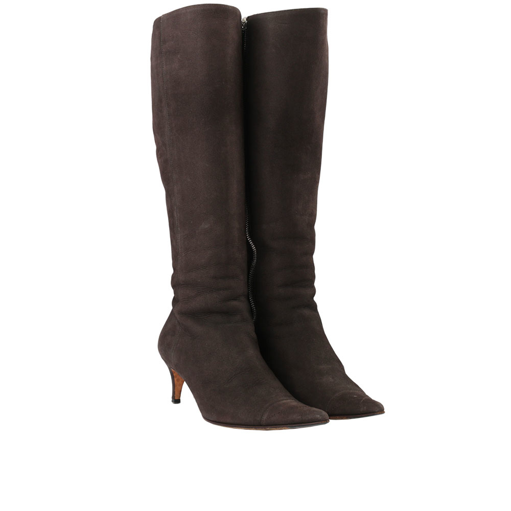 【LOEWE】黑色麂皮尖頭低跟長筒靴 37號