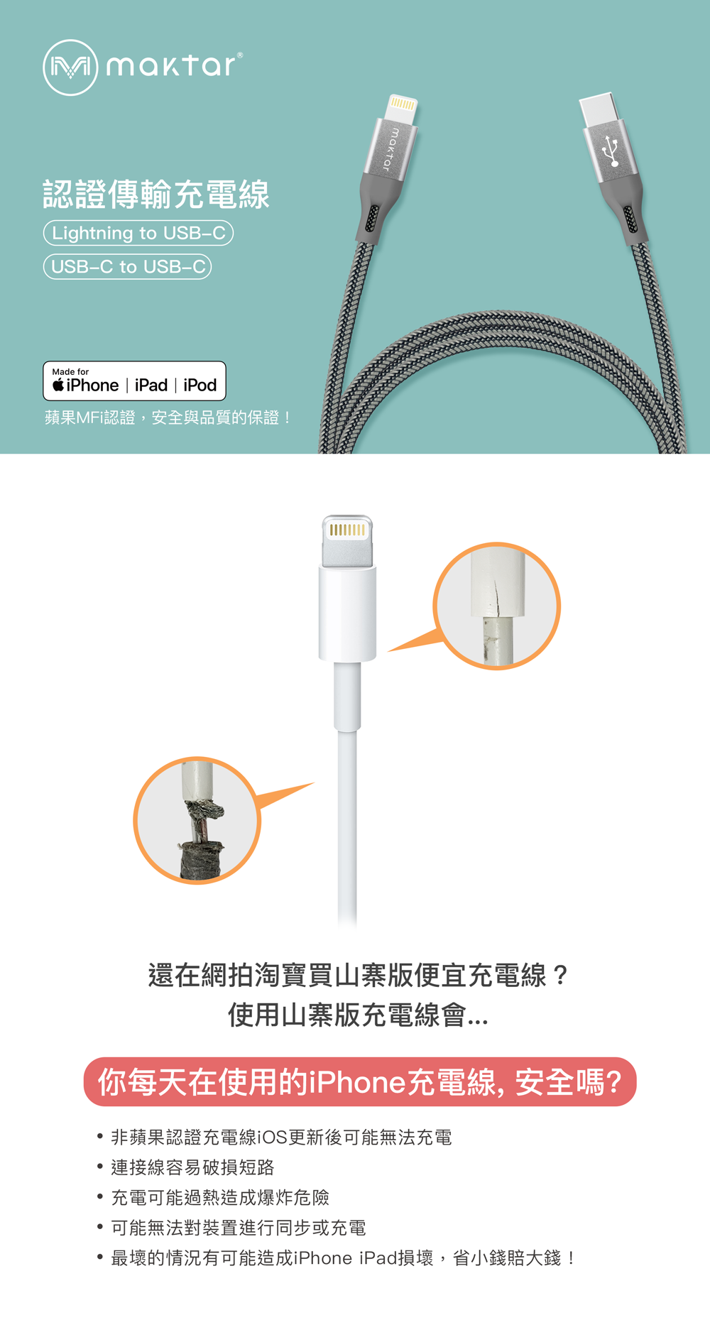 認證傳輸充電線Lightning to USB-CUSB-C to USB-C)Made foriPhone | iPad | iPod蘋果MFi認證,安全與品質的保證!maktar還在網拍淘寶買山寨版便宜充電線?使用山寨版充電線會你每天在使用的iPhone充電線,安全嗎?非蘋果認證充電線iOS更新後可能無法充電連接線容易破損短路充電可能過熱造成爆炸危險可能無法對裝置進行同步或充電最壞的情況有可能造成iPhone iPad損壞,省小錢賠大錢!