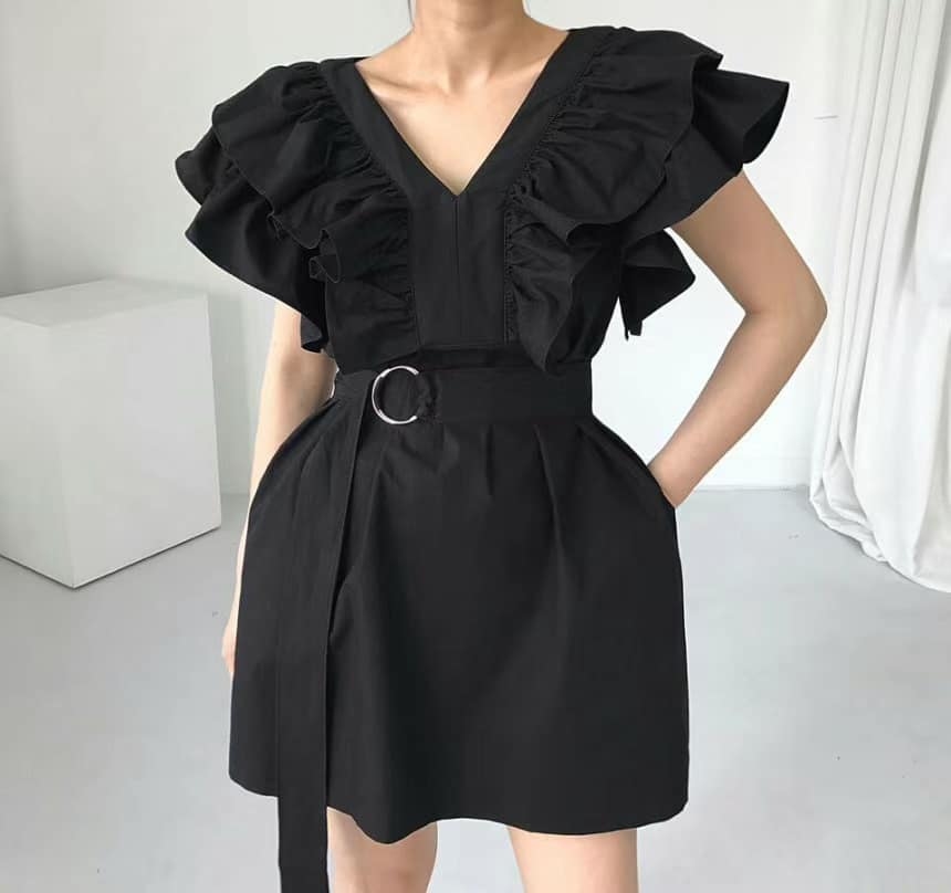 SOLE品牌訂製款_雙層荷葉V領洋裝