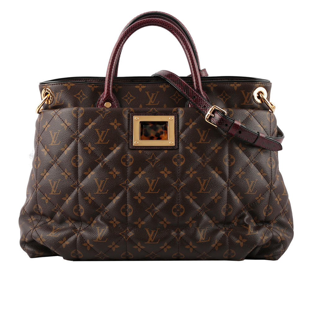 【Louis Vuitton】VIP 特別訂製款蟒蛇皮提把玳帽轉釦拼駝鳥皮+麂皮內裡老花 LOGO 手提二用包