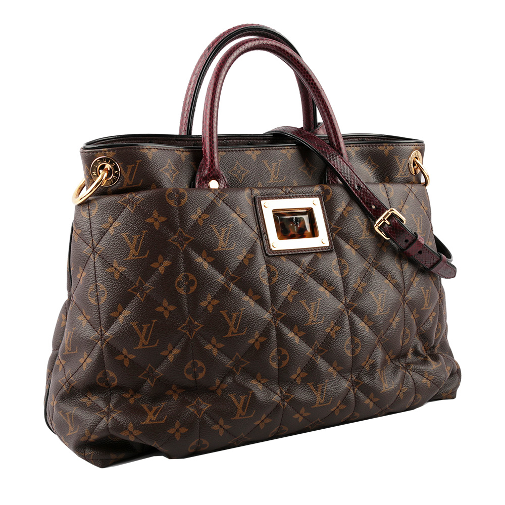 【Louis Vuitton】VIP 特別訂製款蟒蛇皮提把玳帽轉釦拼駝鳥皮+麂皮內裡老花 LOGO 手提二用包