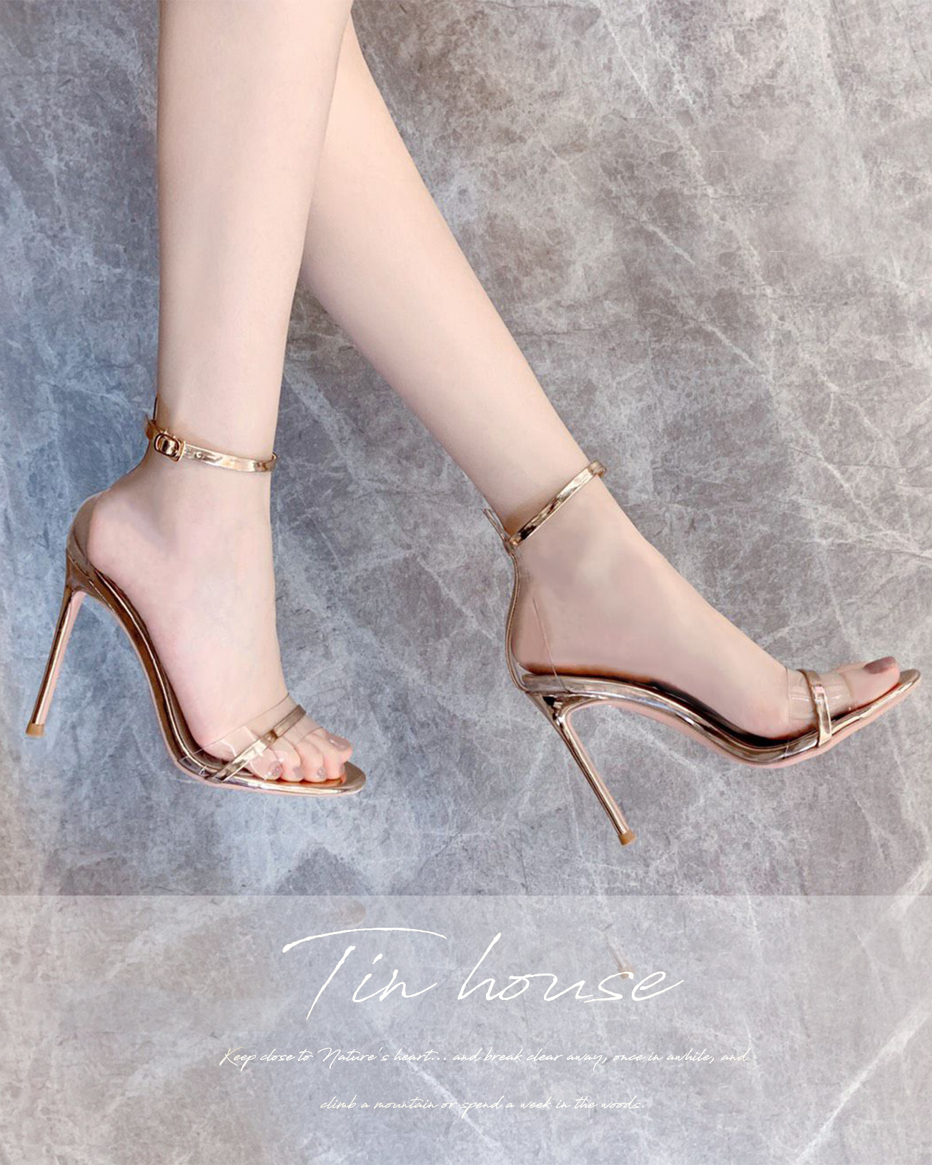 名媛香檳金屬一字帶跟鞋