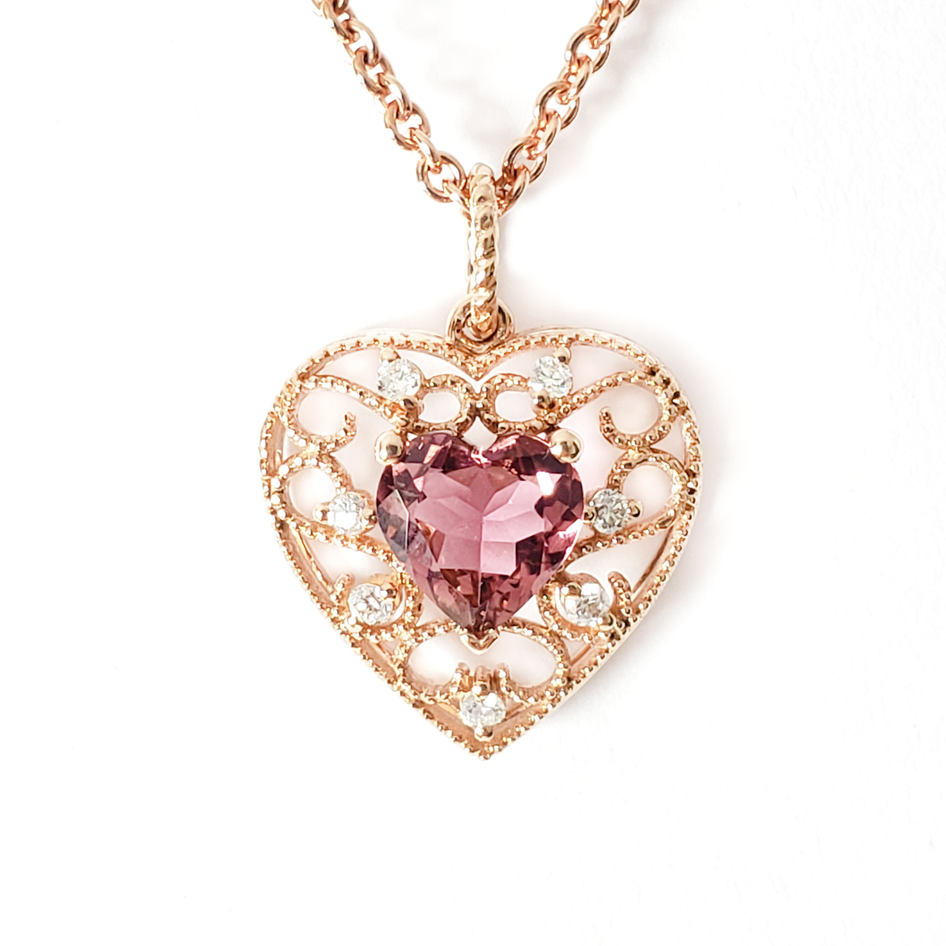 18K 玫瑰金天然鑽石心形粉紅碧璽吊墜