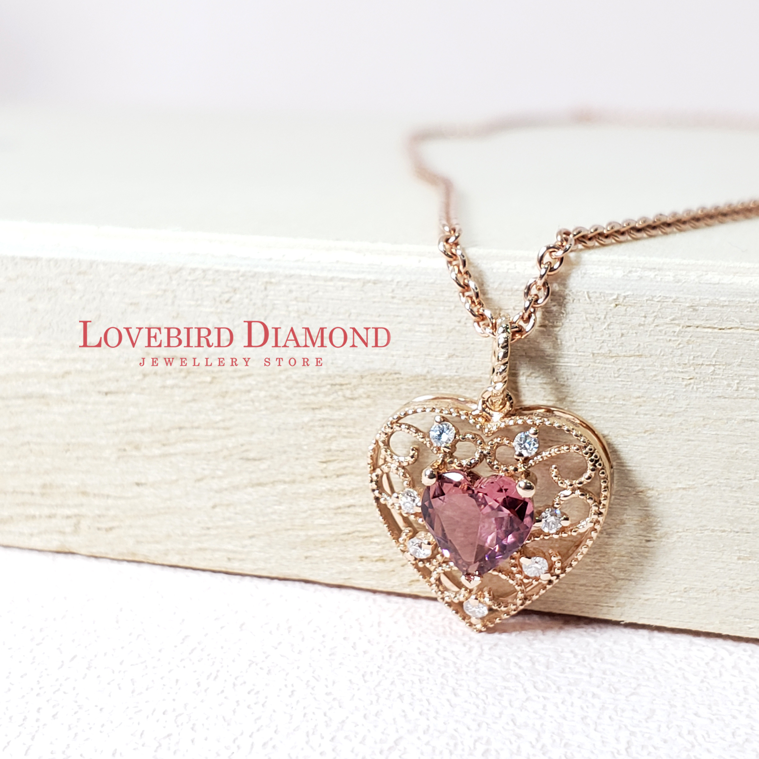 18K 玫瑰金天然鑽石心形粉紅碧璽吊墜