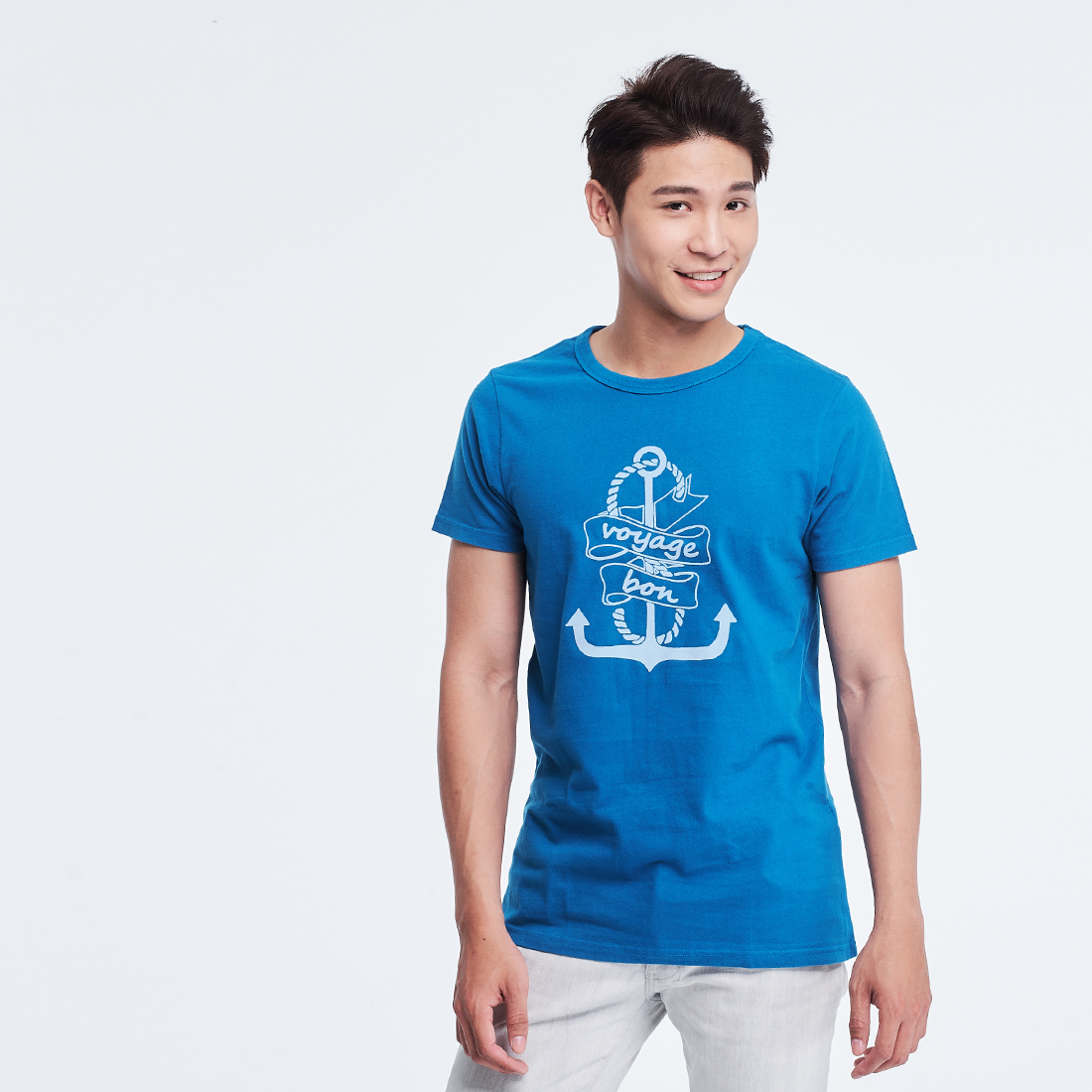 旅途愉快 短袖 蜜桃棉 男T 海藍