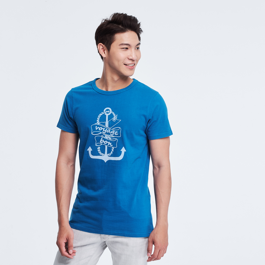 旅途愉快 短袖 蜜桃棉 男T 海藍