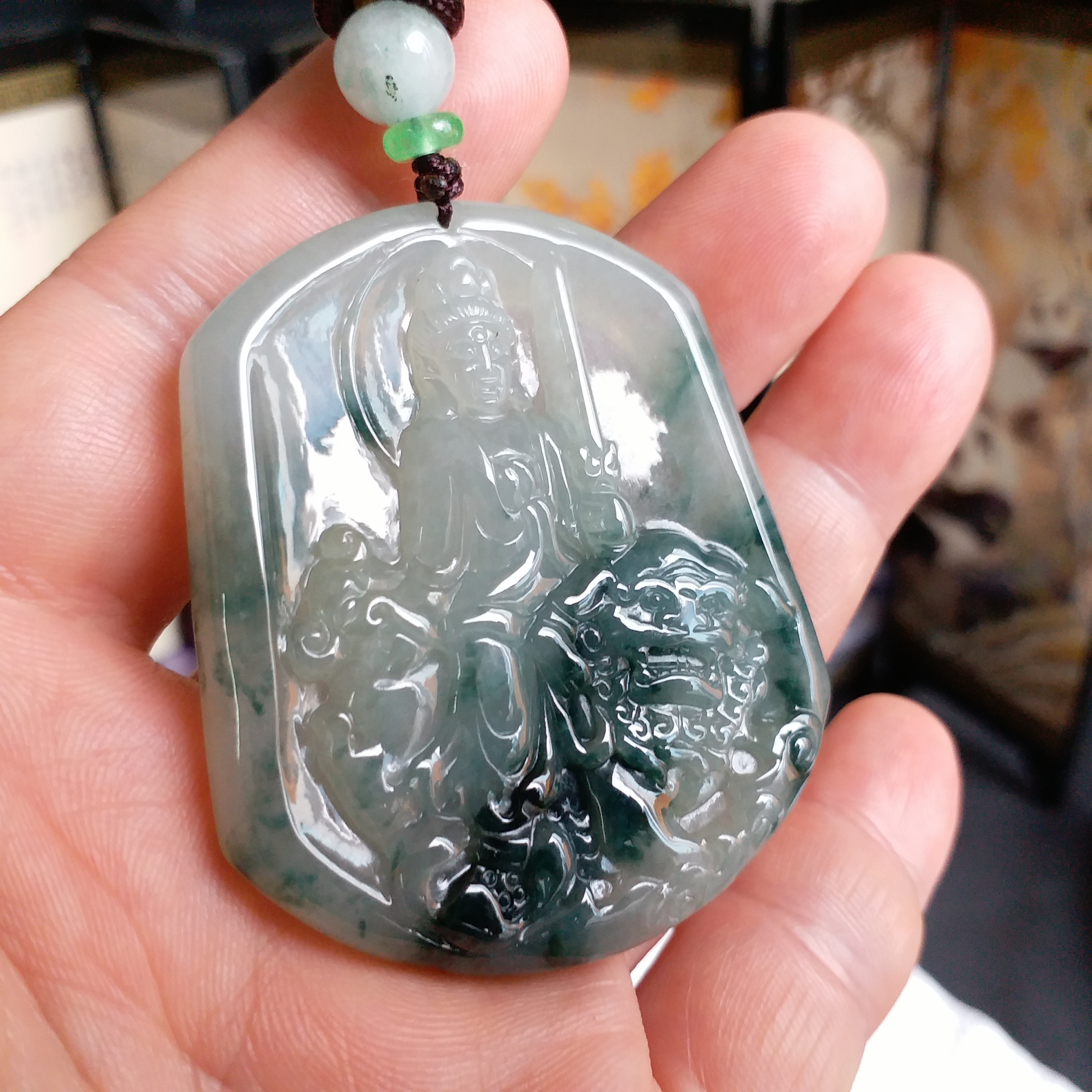 J1800 冰飄花文殊菩薩玉牌