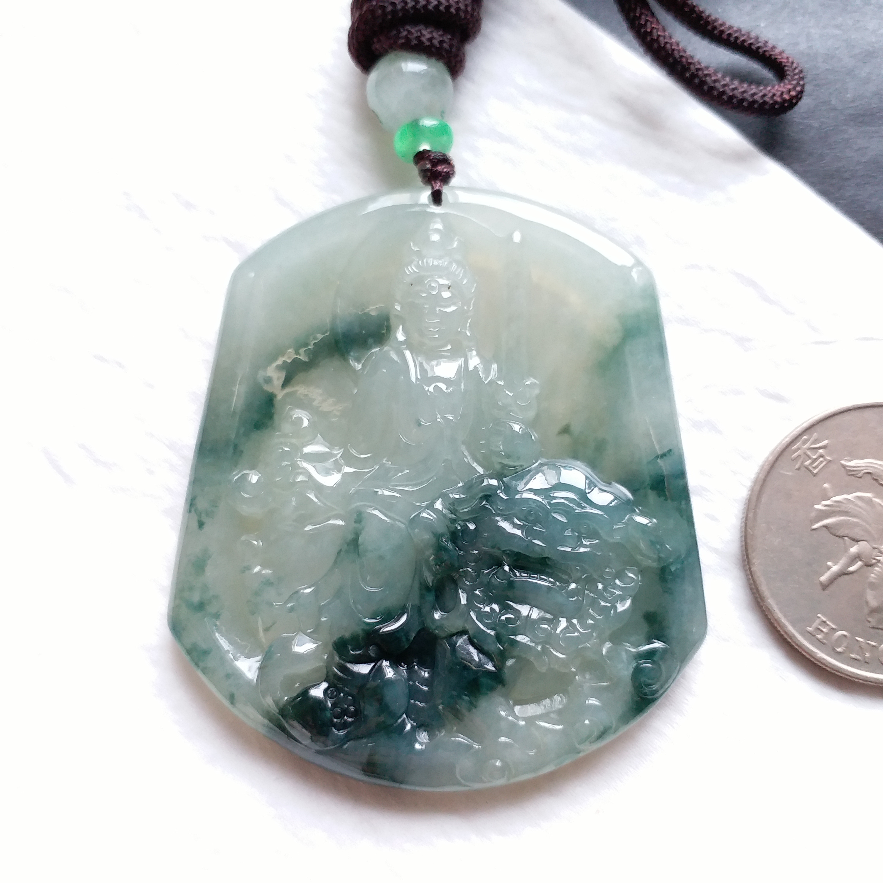 冰飄花文殊菩薩玉牌 (騎獅子), 天然翡翠A玉, 緬甸玉, Jade, Jadeite