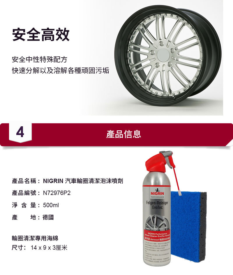 NIGRIN 輪圈除鐵粉清潔泡沫噴劑,500ml8