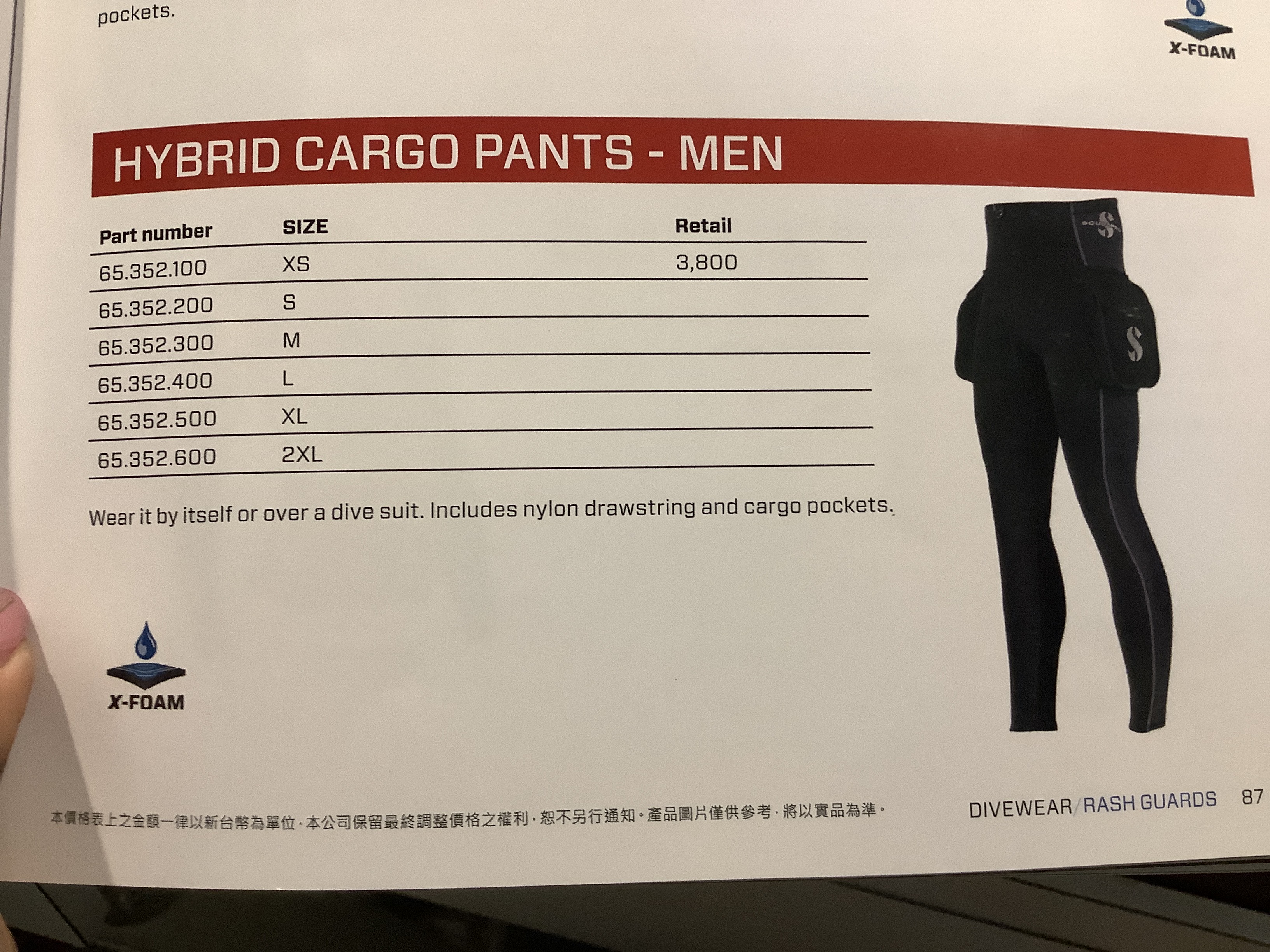 SCUBAPRO HYBRID CARGO PANTS-1mm 口袋褲 舊款$3500-