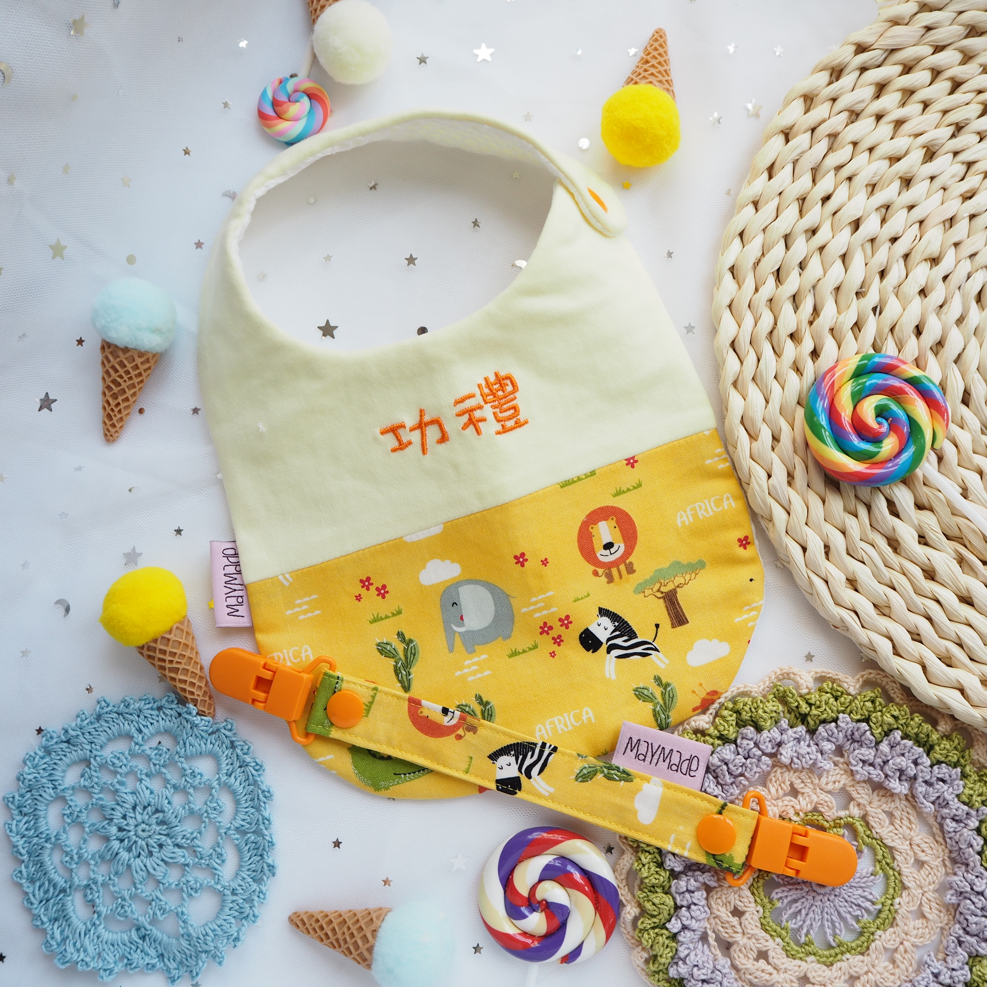 野生森林動物純棉布圖案 拼布款繡名口水肩