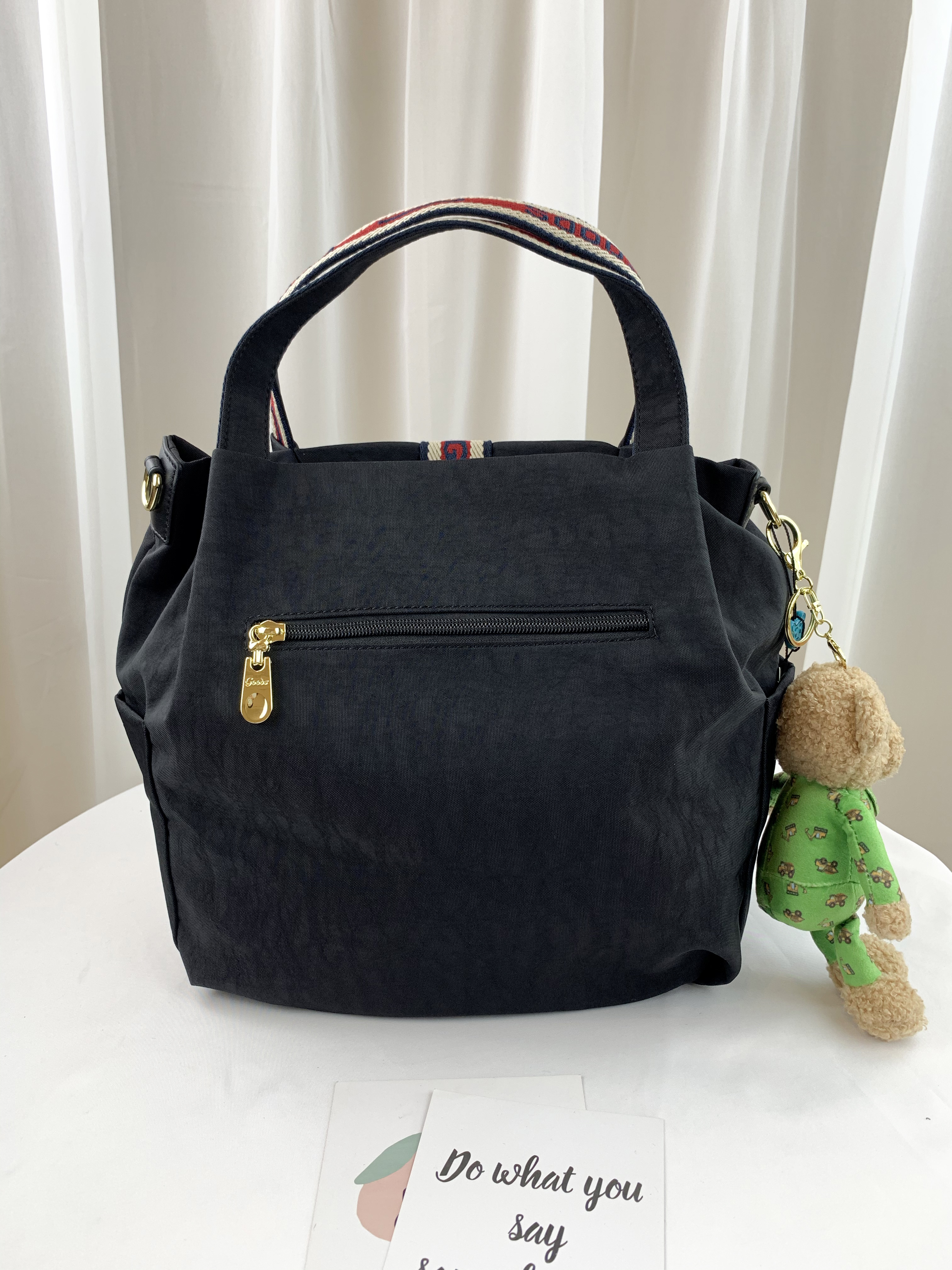 GOODS 織帶黑 水洗紋防潑水手提包 / 側背包 附小熊吊飾  #2568