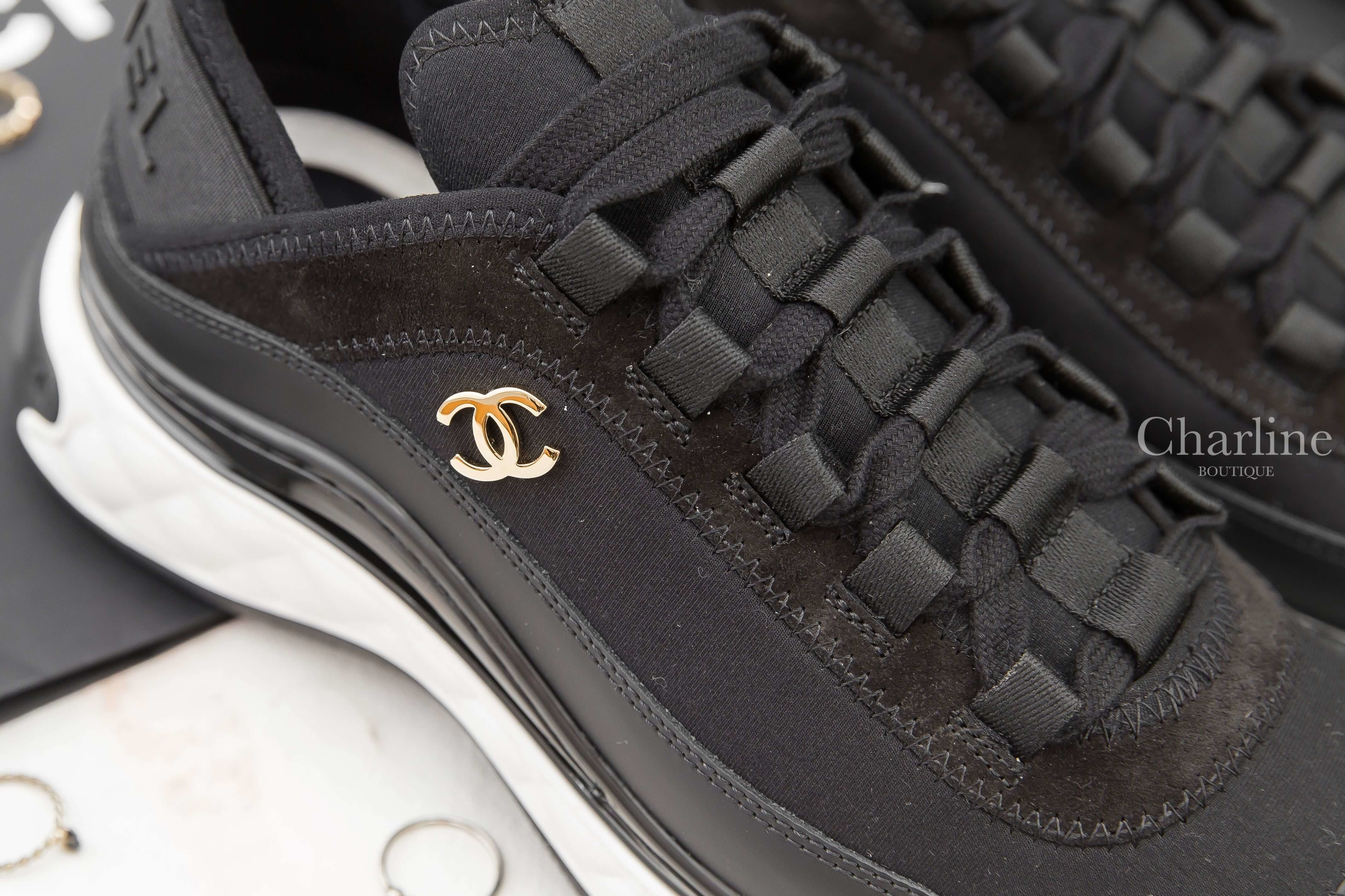 Chanel Trainers 黑色金CC內增高絨布小牛皮運動鞋
