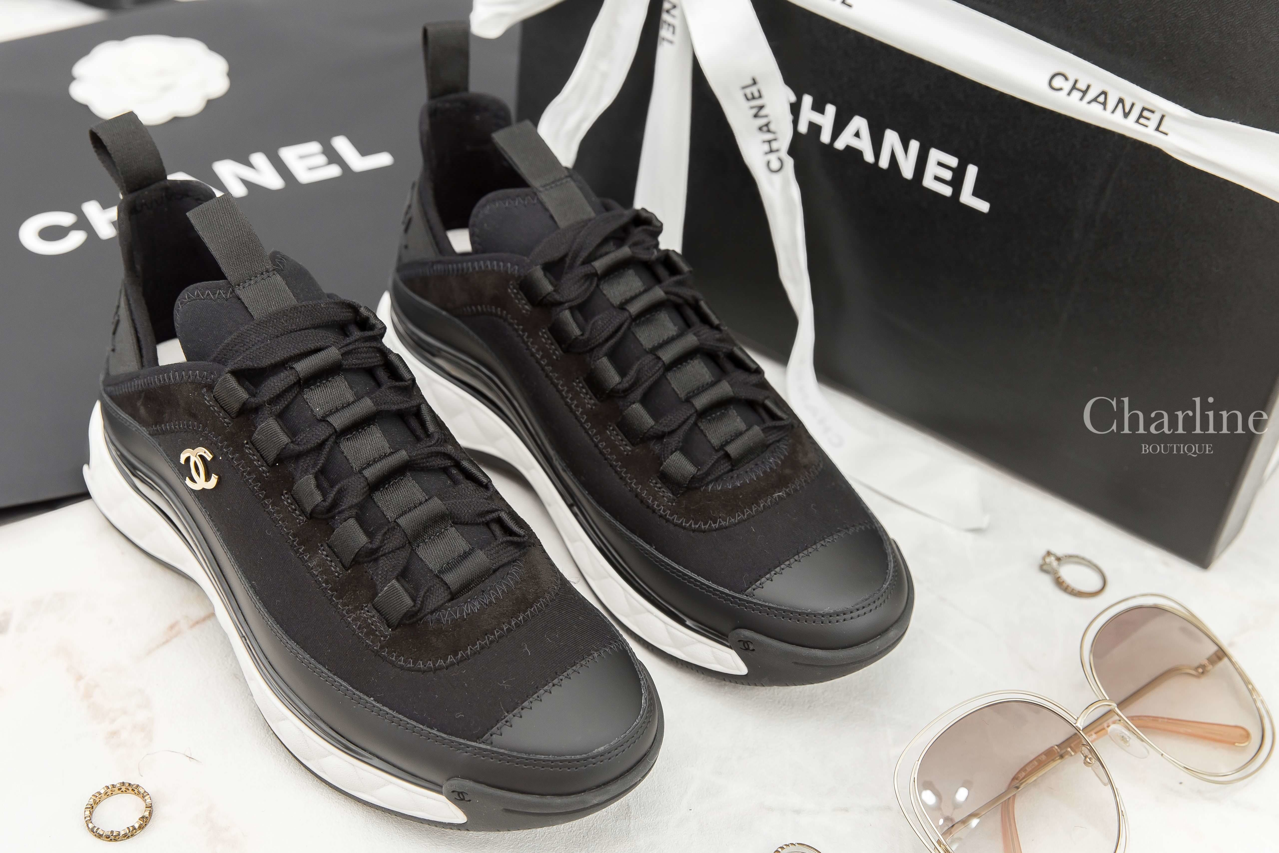 Chanel Trainers 黑色金CC內增高絨布小牛皮運動鞋