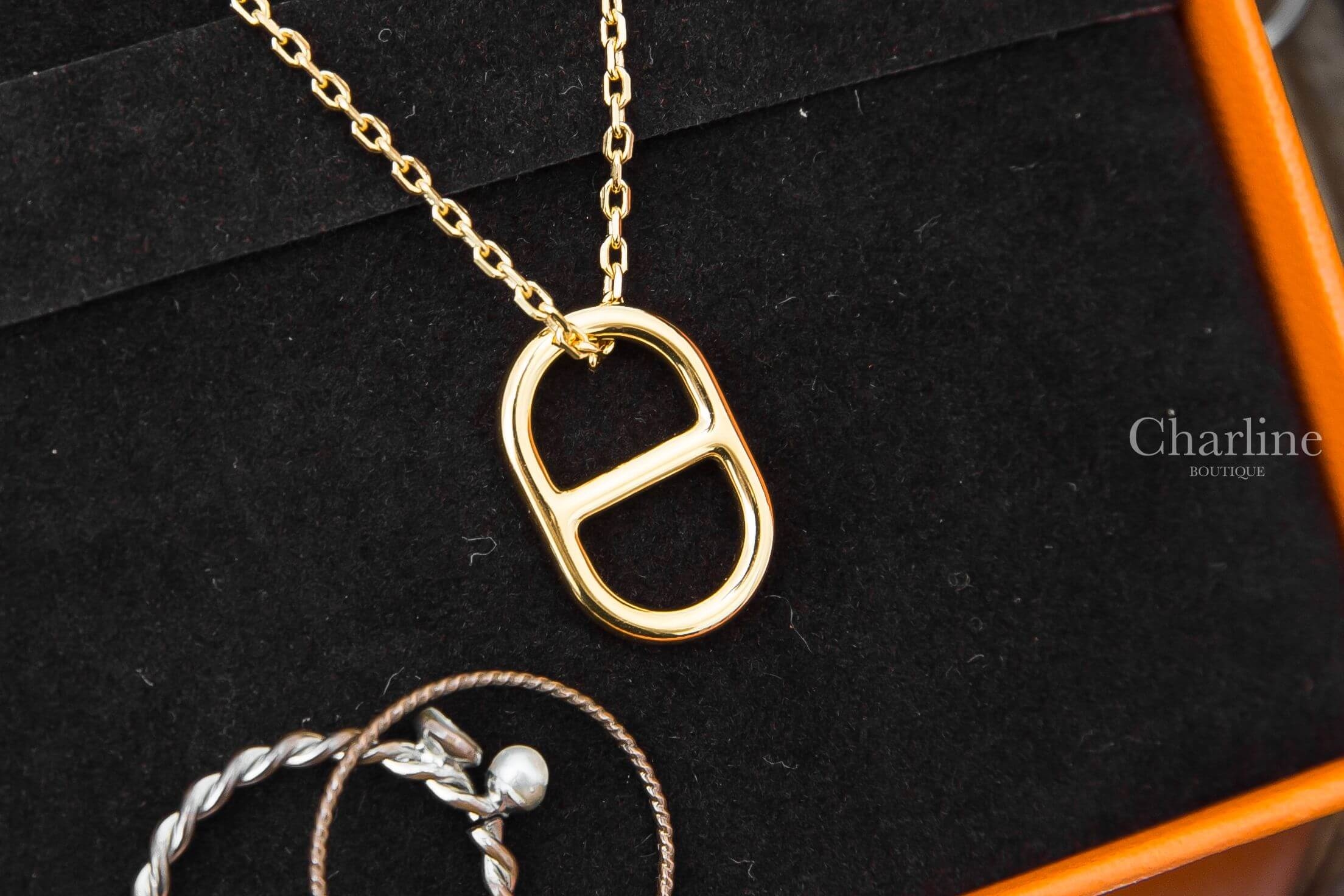 Hermès O'Maillon Pendant 黑色小牛皮金色θ項鍊