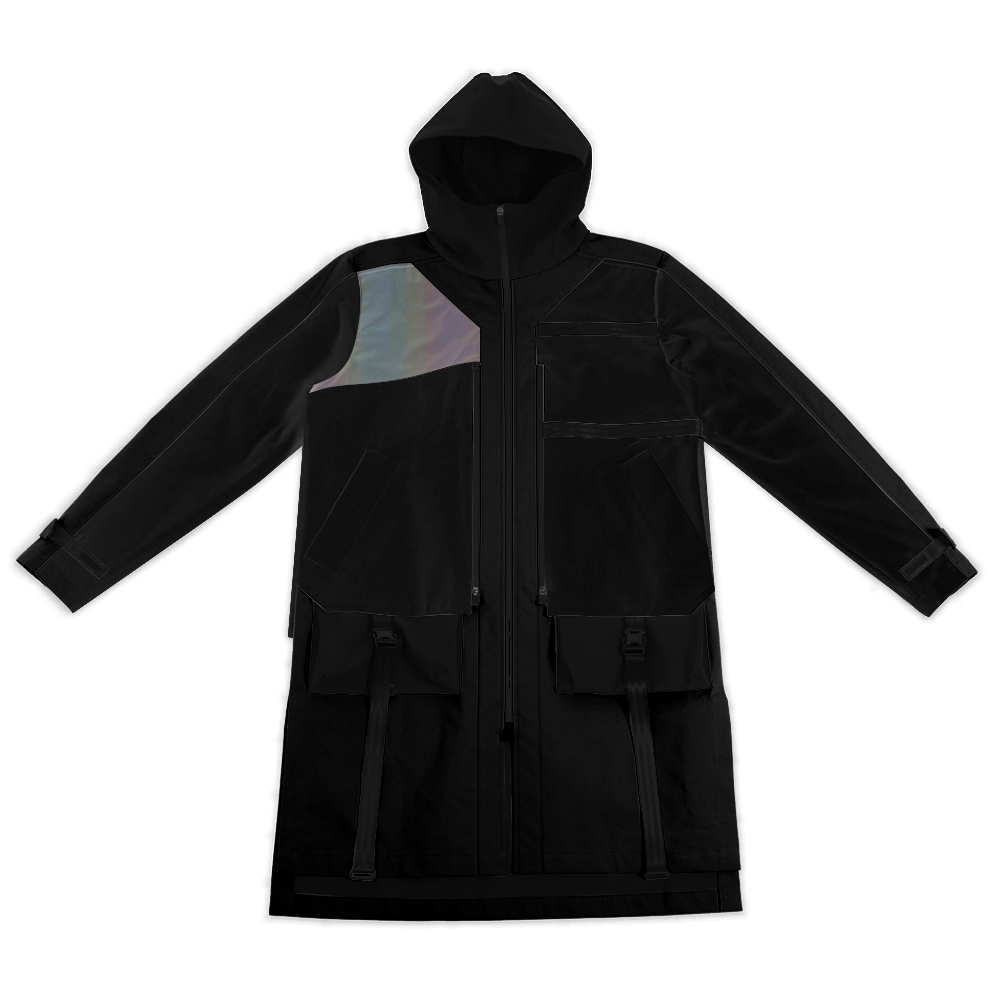 雙層結構反光長風衣 - 黑