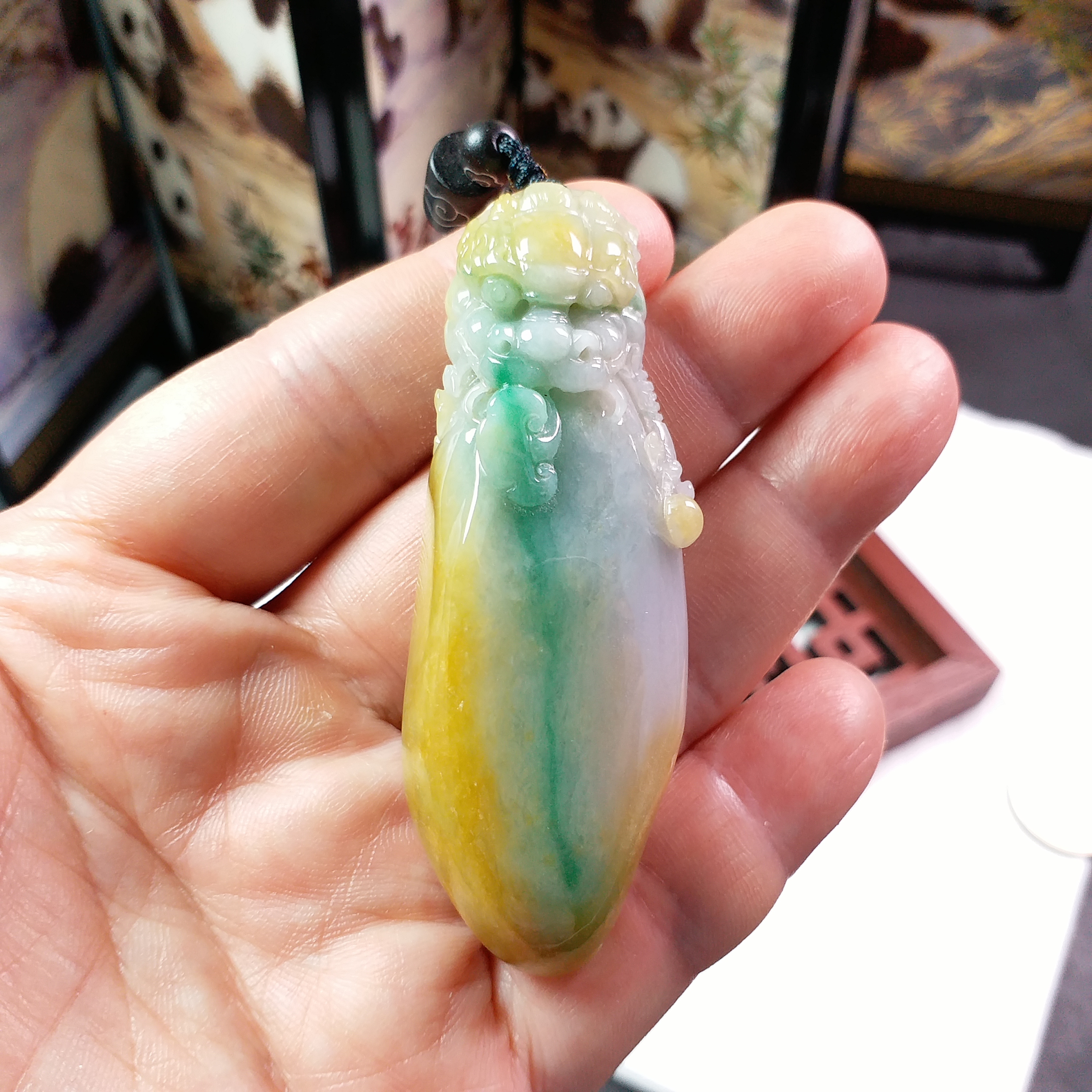 J1815 冰糯三彩厚庄龍頭如意吊墜