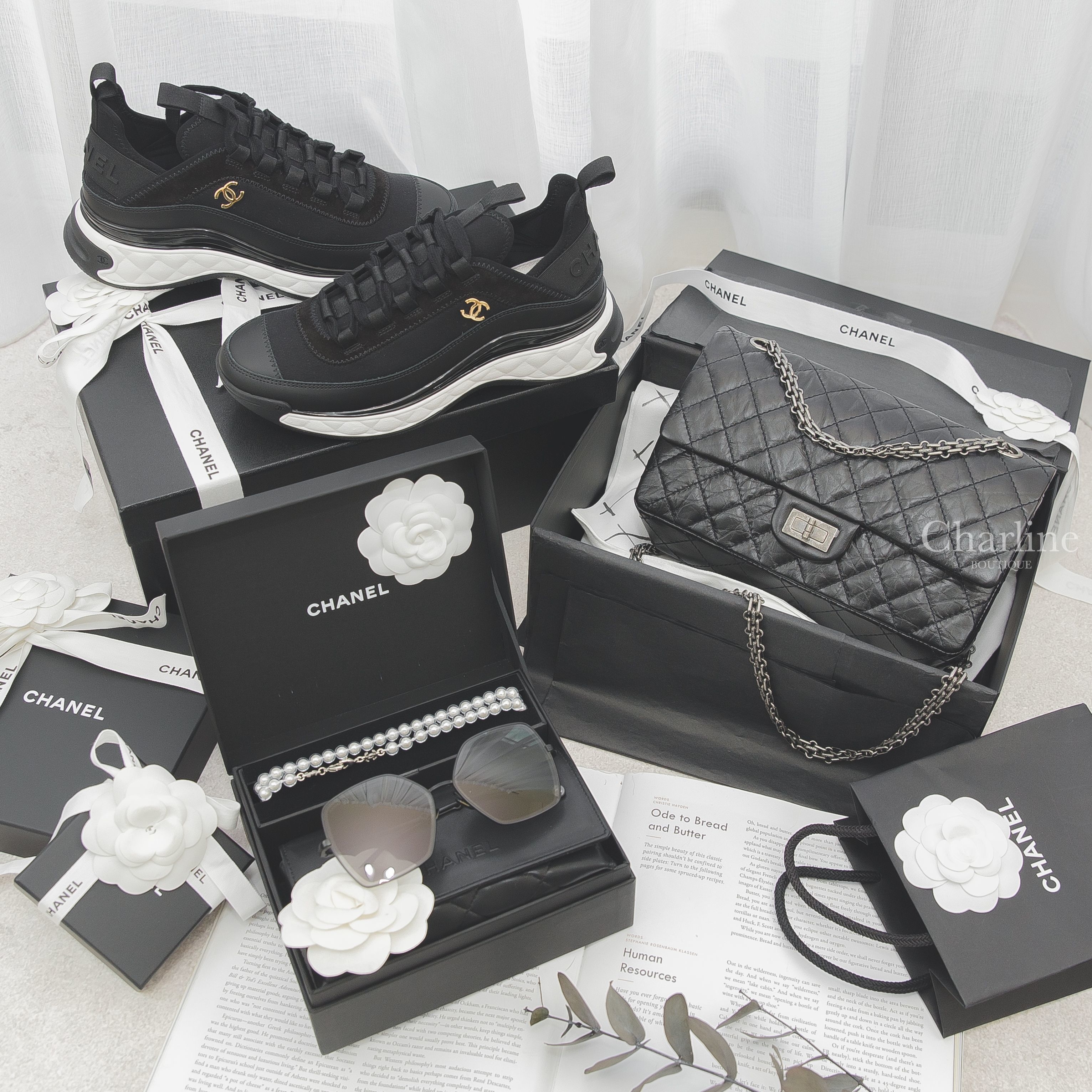 Chanel 2.55 Handbag 黑色銀釦仿舊銀鍊牛皮菱格紋肩背包,Chanel Trainers 黑色金CC內增高絨布小牛皮運動鞋,Chanel Sunglasses 黑色蝴蝶型珍珠鏈帶太陽眼鏡-Charline Boutique 精品代購