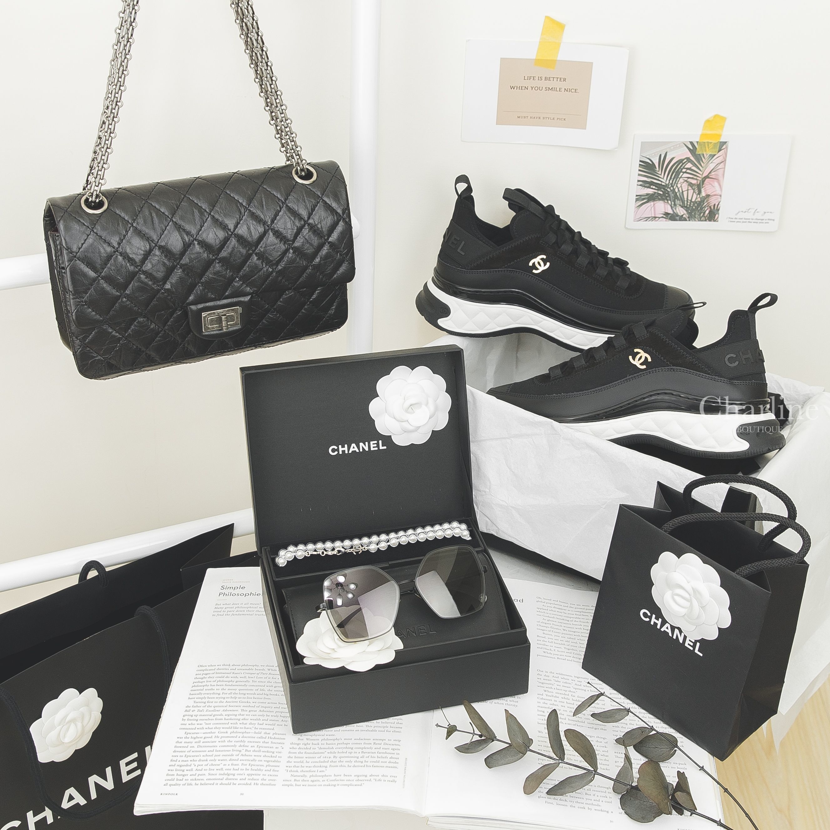 Chanel 2.55 Handbag 黑色銀釦仿舊銀鍊牛皮菱格紋肩背包,Chanel Trainers 黑色金CC內增高絨布小牛皮運動鞋,Chanel Sunglasses 黑色蝴蝶型珍珠鏈帶太陽眼鏡-Charline Boutique 精品代購